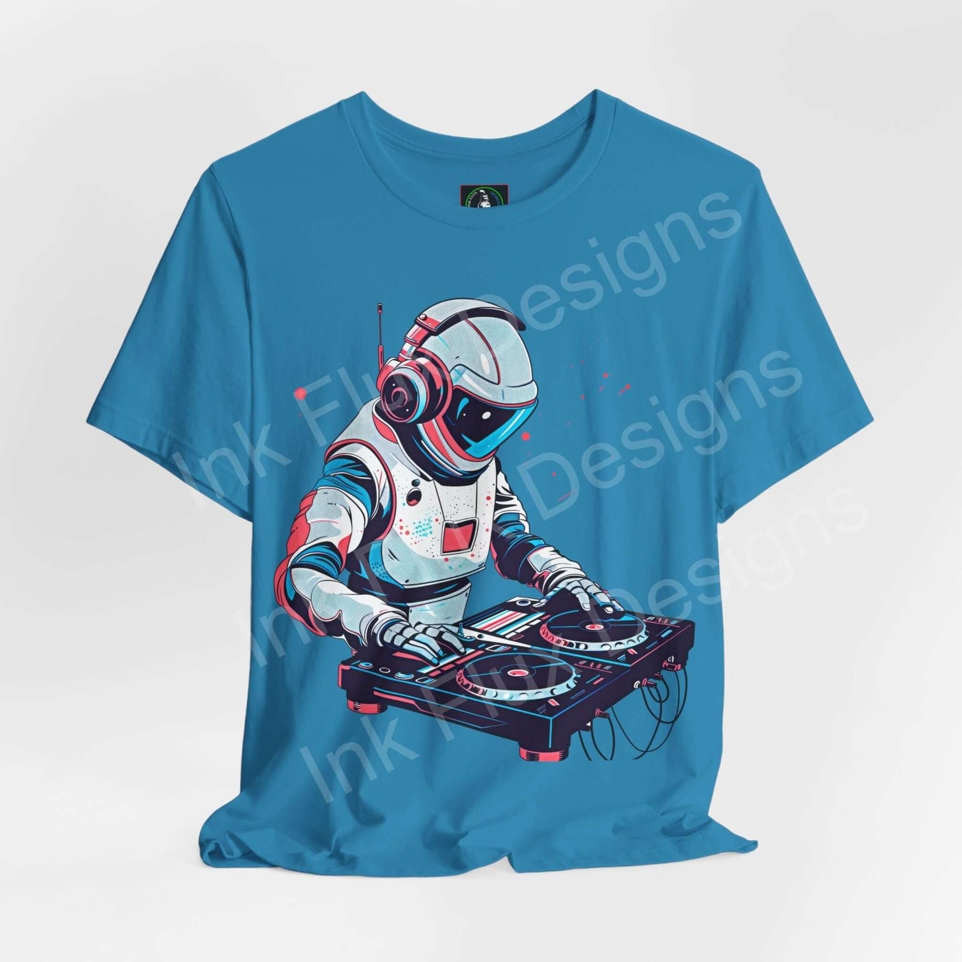 Unisex blue graphic tee featuring a DJ astronaut design, made from sustainable Airlume cotton, perfect for style and comfort.