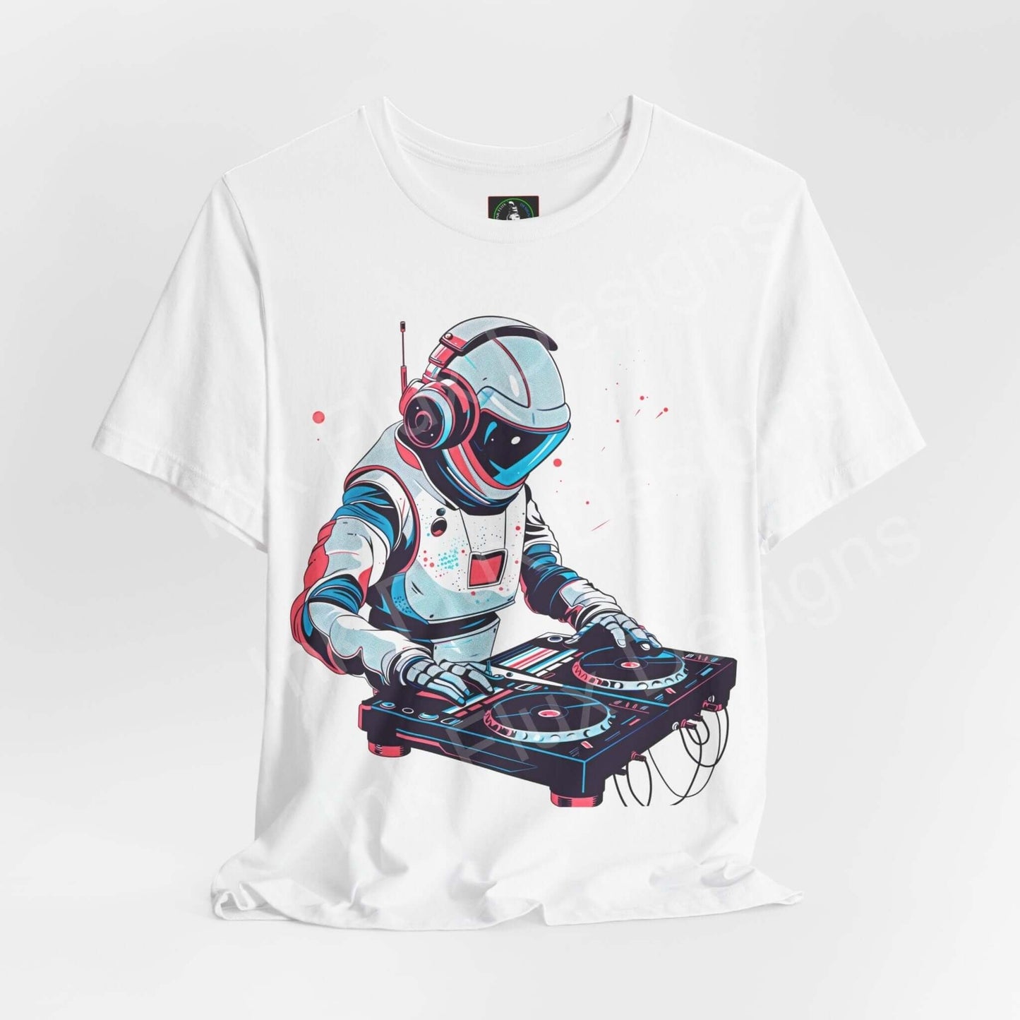 Unisex white graphic tee featuring a bold illustration of an astronaut DJ with headphones and turntable, made from soft Airlume cotton.