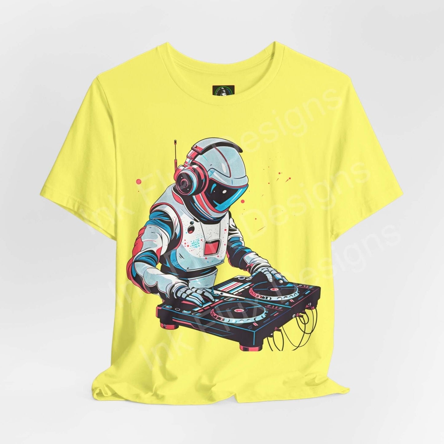 Bold graphic tee featuring an astronaut DJ design on a vibrant yellow unisex T-shirt from Bella+Canvas, showcasing unique art with exceptional comfort.