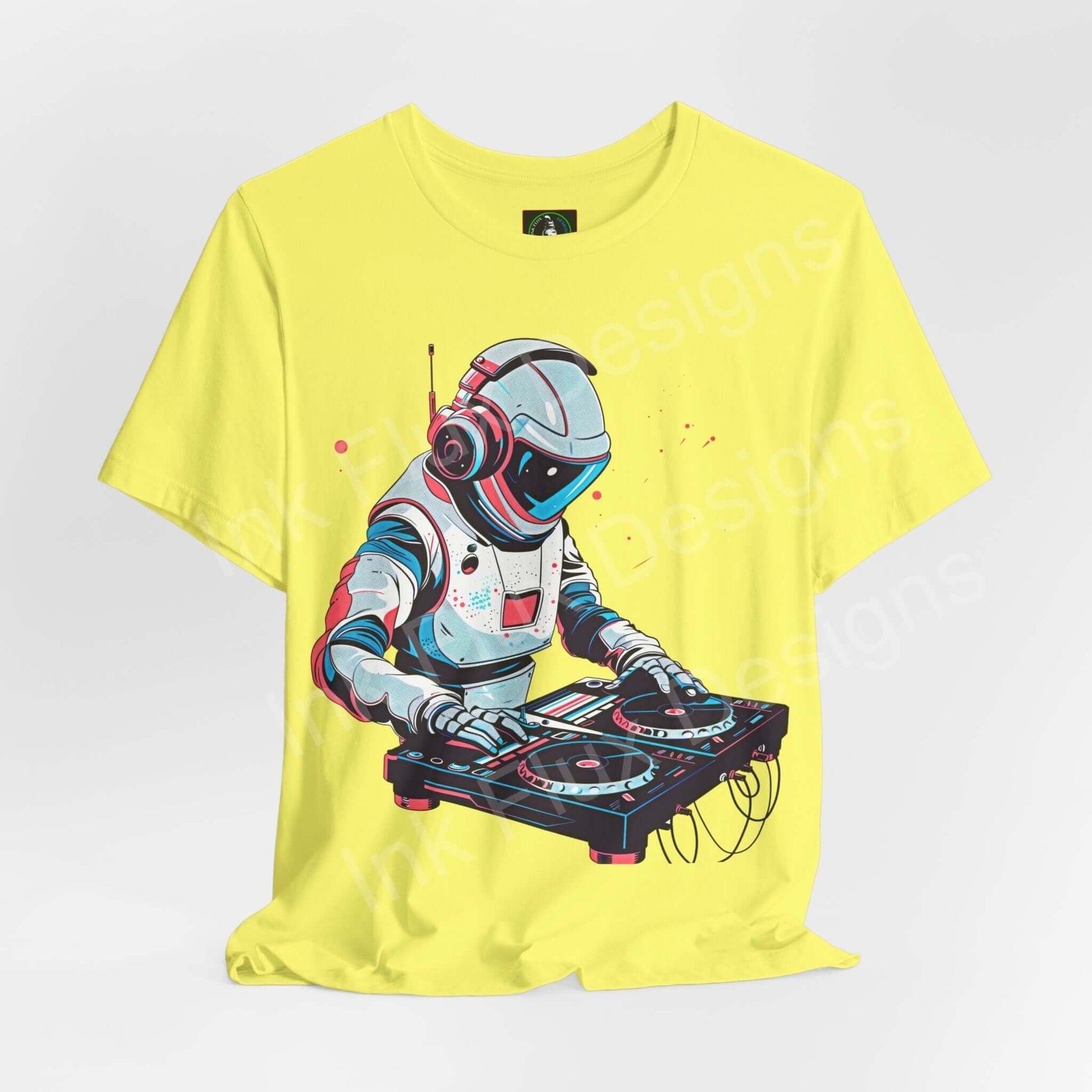 Bold graphic tee featuring an astronaut DJ design on a vibrant yellow unisex T-shirt from Bella+Canvas, showcasing unique art with exceptional comfort.