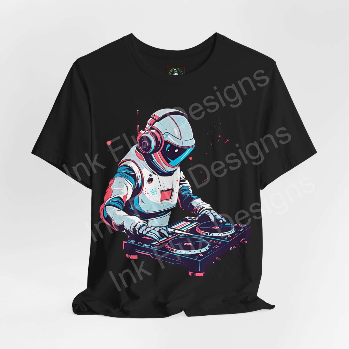 Unisex black T-shirt with a bold graphic of a DJ astronaut playing on turntables, showcasing vibrant colors and a modern design.