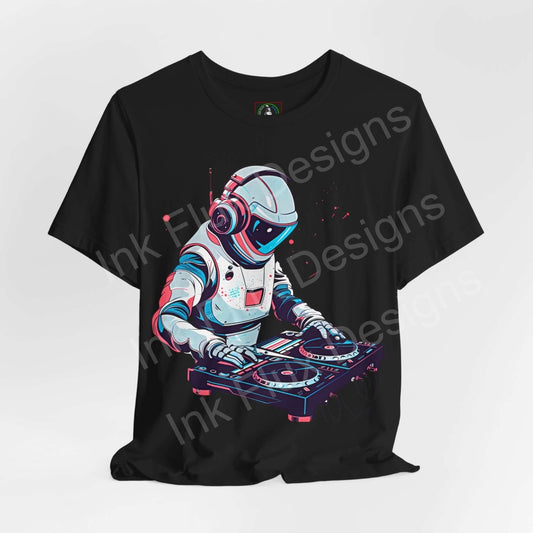 Unisex black T-shirt with a bold graphic of a DJ astronaut playing on turntables, showcasing vibrant colors and a modern design.