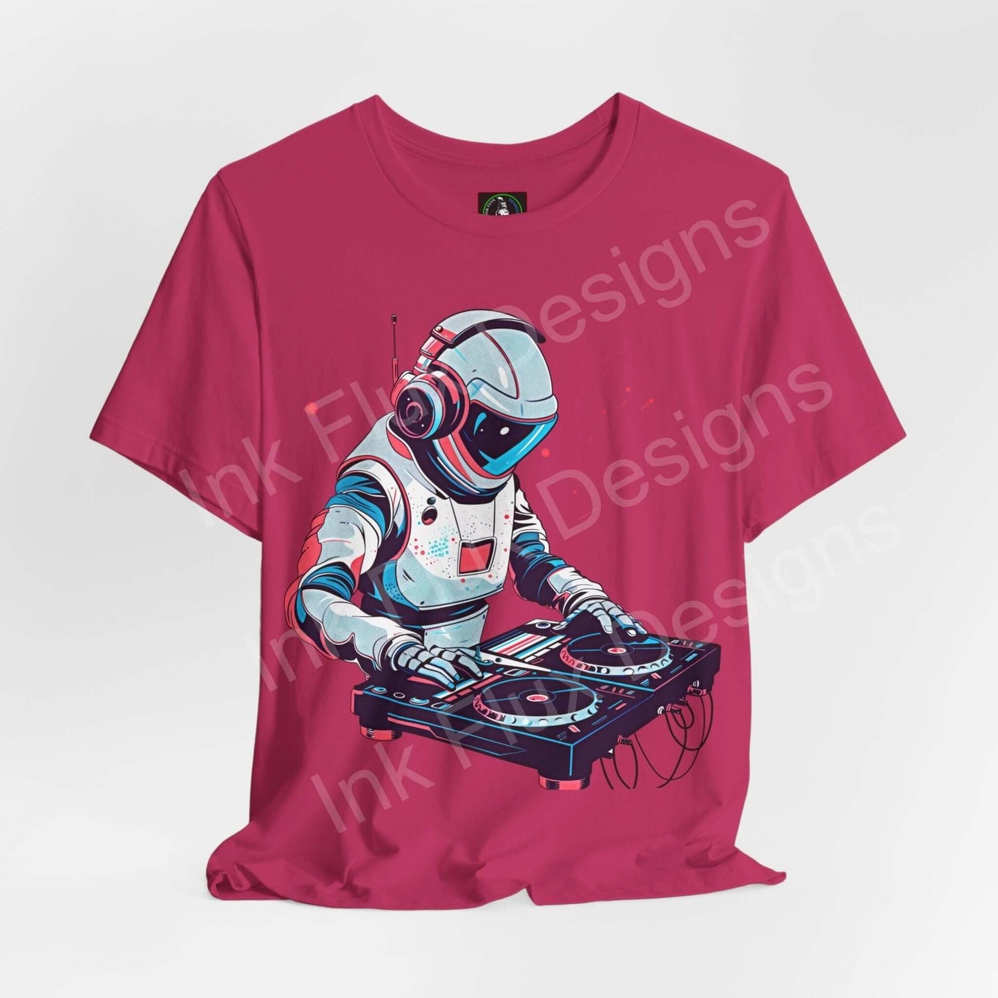 Bold graphic tee featuring a DJ astronaut design on a vibrant pink unisex jersey T-shirt by Bella+Canvas, ideal for style and comfort.