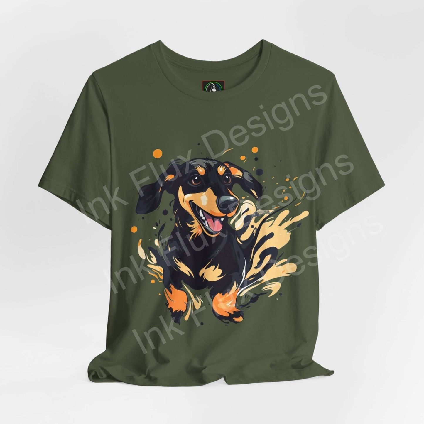 Dachshund Dog T-Shirt featuring a playful dachshund graphic on an olive green tee, perfect for dog lovers.