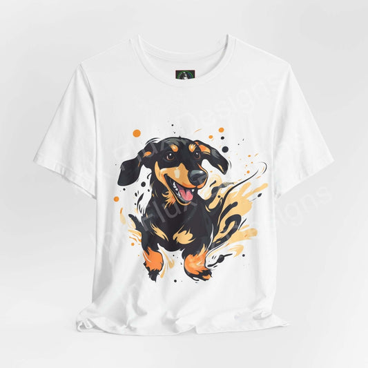 Stylish graphic tee featuring a vibrant Dachshund design, ideal for dog lovers; made from sustainable, soft Airlume cotton.