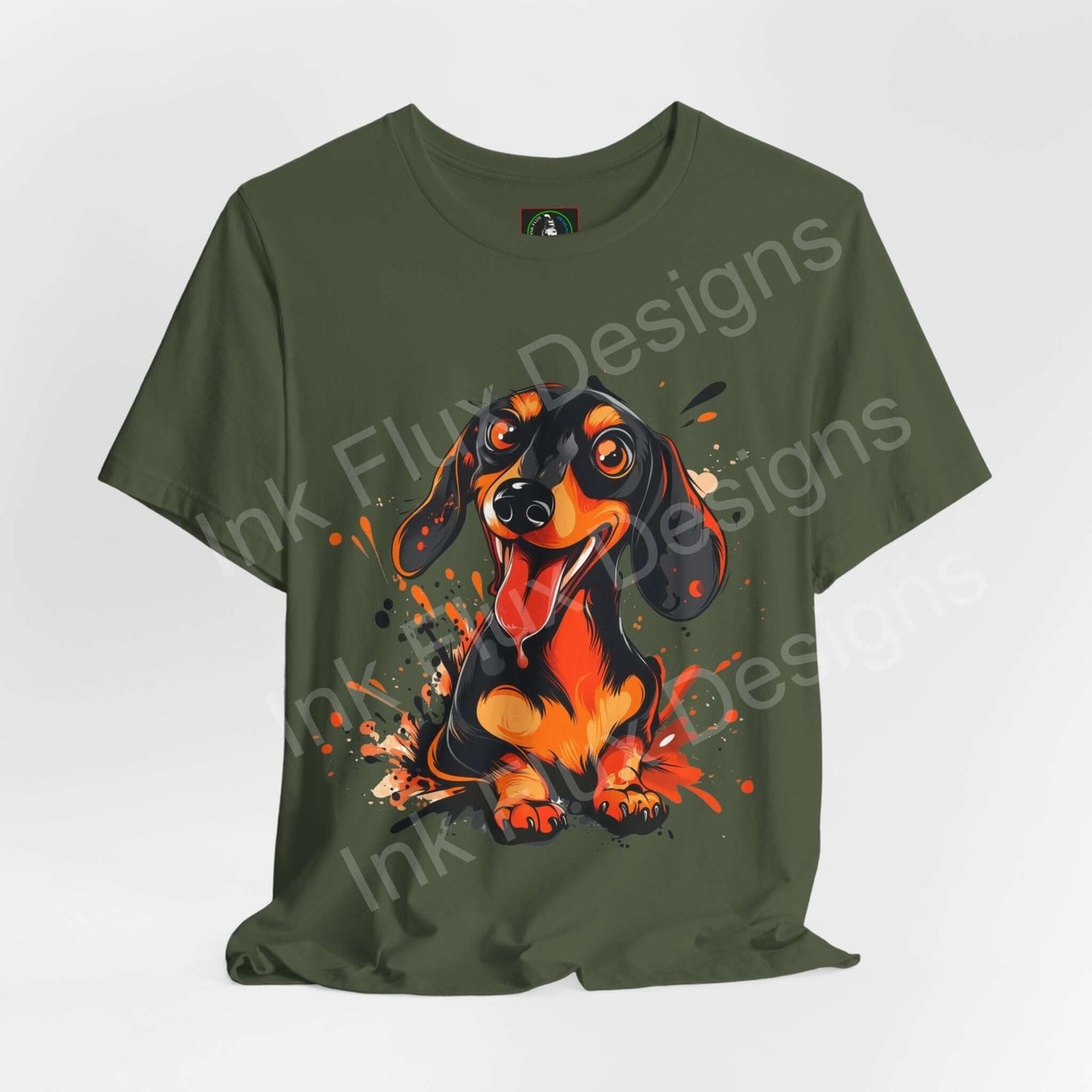 Dachshund Dog T-Shirt featuring a colorful artistic portrait of a playful dachshund on a green background.