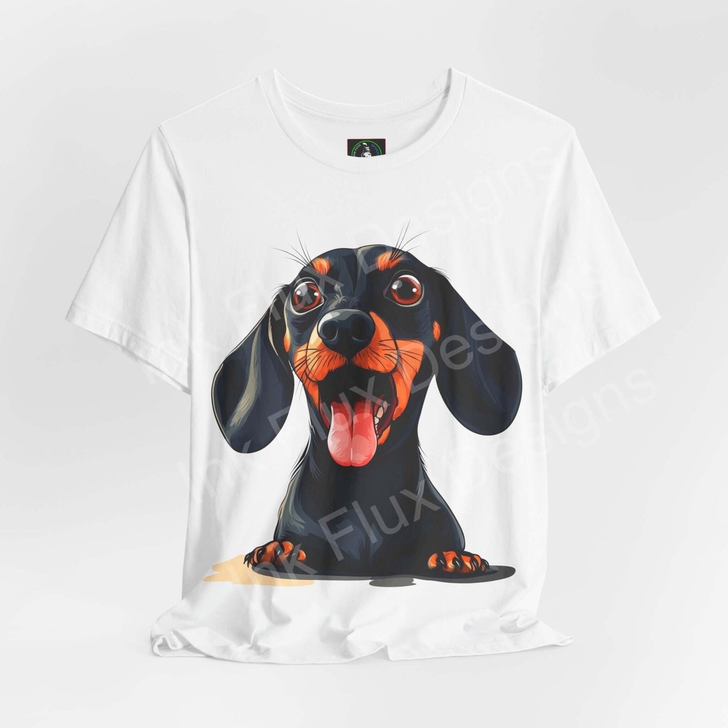 Graphic tee featuring a playful Dachshund print, tailored in a white unisex Airlume cotton jersey shirt for style and comfort.