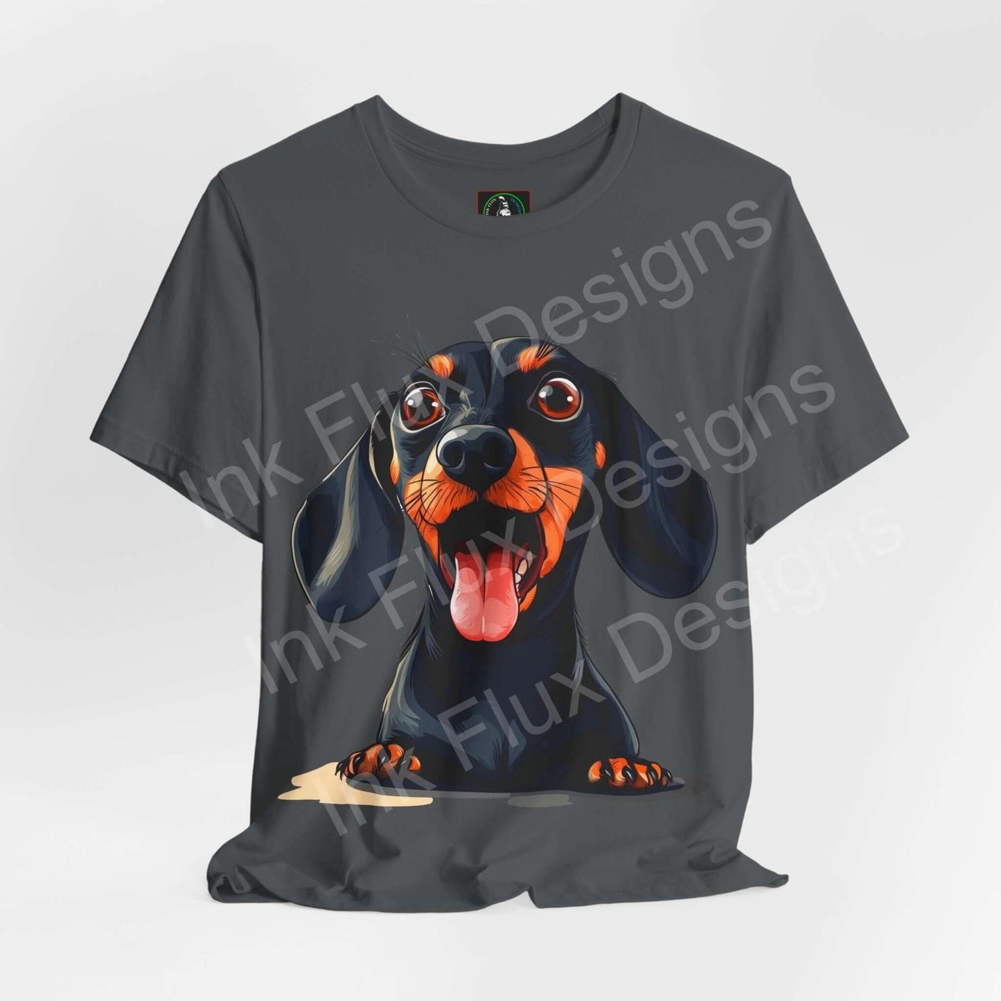 Unisex charcoal grey graphic tee featuring a vibrant Dachshund design, perfect for dog lovers, made from breathable cotton.