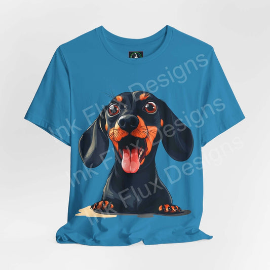 Blue unisex T-shirt featuring a vibrant graphic of a happy dachshund, designed for dog lovers and graphic tee enthusiasts.