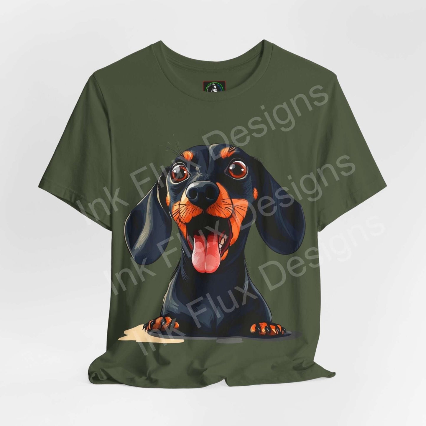Dachshund IV graphic tee in olive green featuring a vibrant cartoon dog, perfect for T-shirt and dog lovers, by Bella+Canvas.
