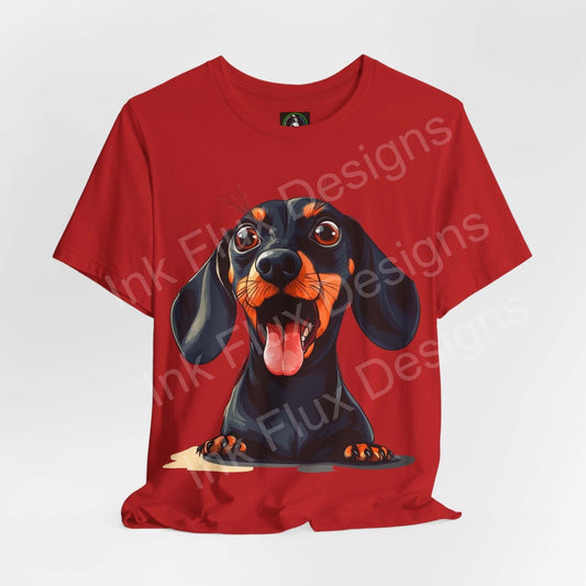 Red graphic tee featuring a playful Dachshund design, ideal for dog lovers and T-shirt enthusiasts.