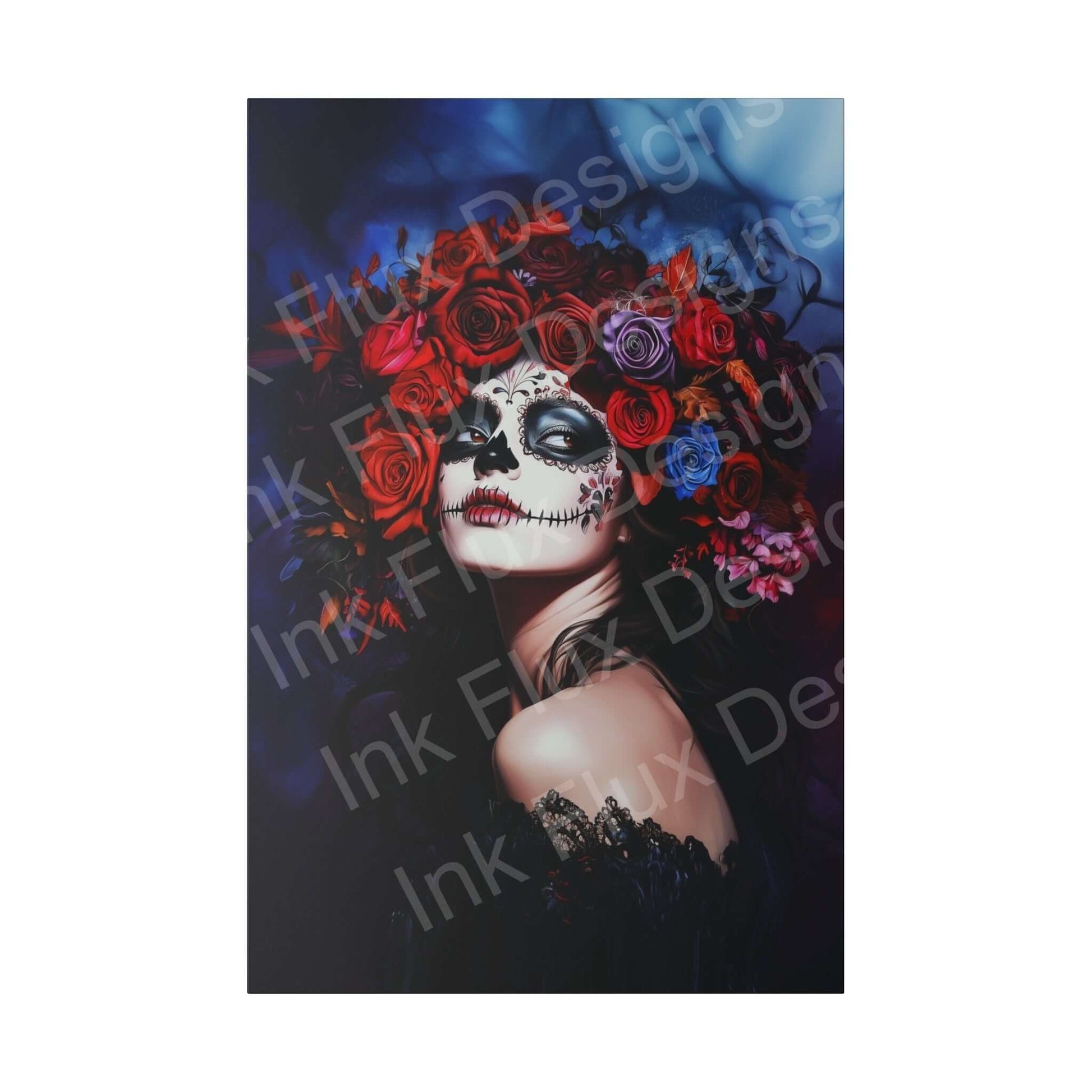 Day of the Dead woman's portrait on eco-friendly matte canvas featuring vibrant roses and bold skull makeup, framed with radiata pine.