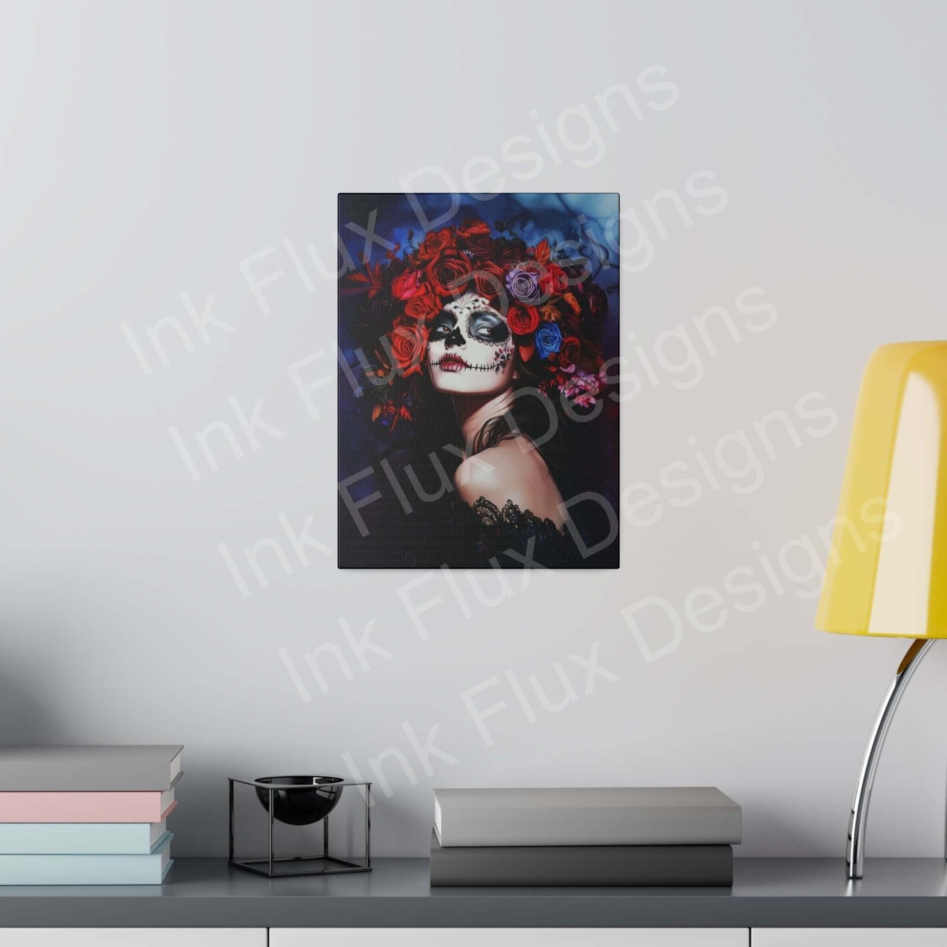 Bold designs Day of the Dead woman's portrait on matte canvas, displayed in modern room setting.