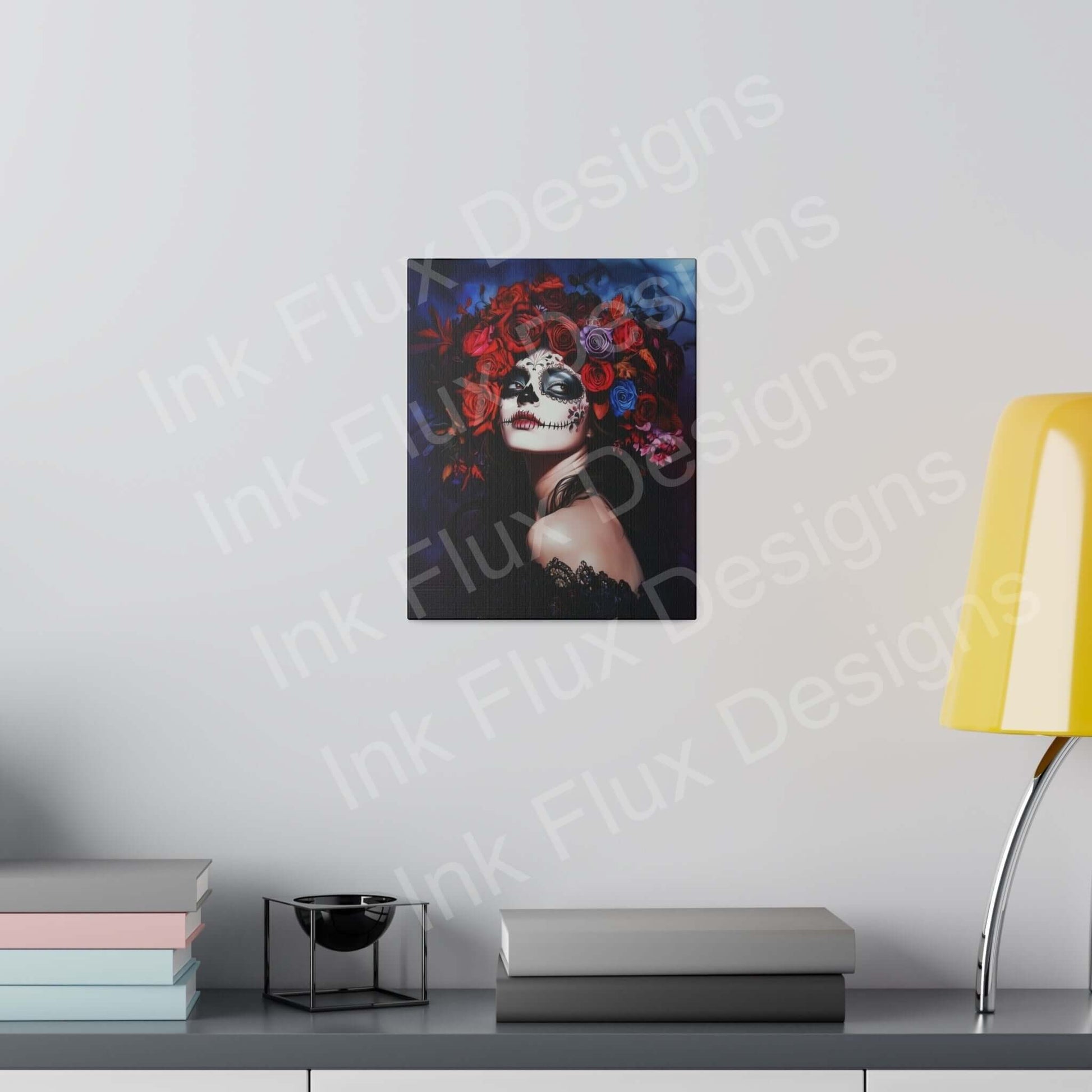 Day of the Dead woman's portrait on matte canvas, featuring bold designs, displayed on a minimalist living room wall.
