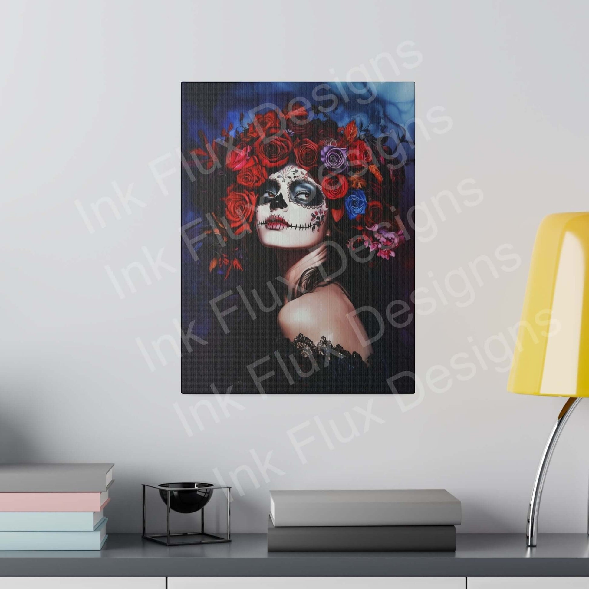 Day of the Dead woman's portrait on stretched matte canvas displayed in modern living room, showcasing bold designs and vibrant colors.