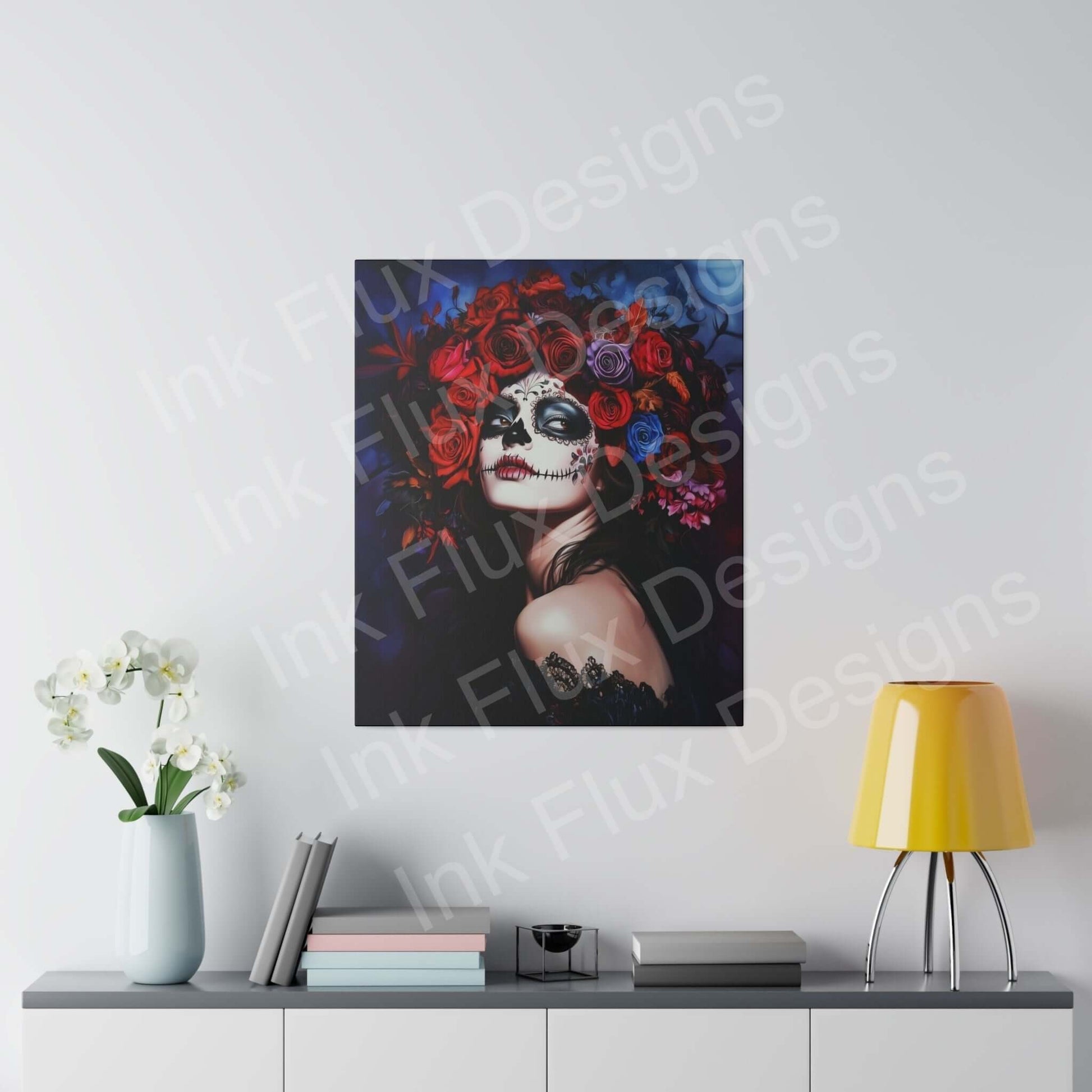 Day of the Dead woman's portrait on eco-friendly stretched canvas with bold designs, hanging on a modern interior wall.
