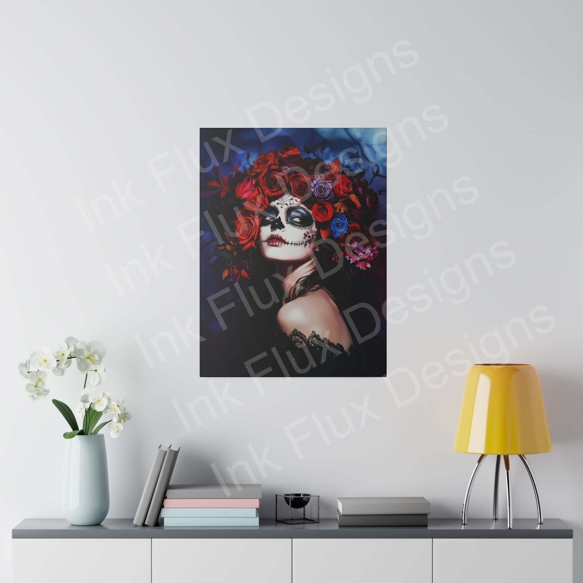 Day of the Dead woman's portrait on eco-friendly matte canvas, featuring bold designs, displayed above a modern console with decorative items.