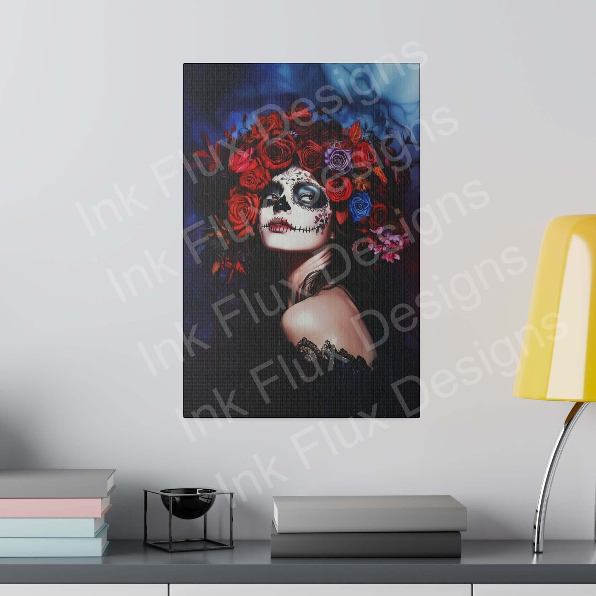 Day of the Dead woman's portrait on matte canvas, stretched frame, featuring bold designs and vibrant flowers, displayed in a modern room.
