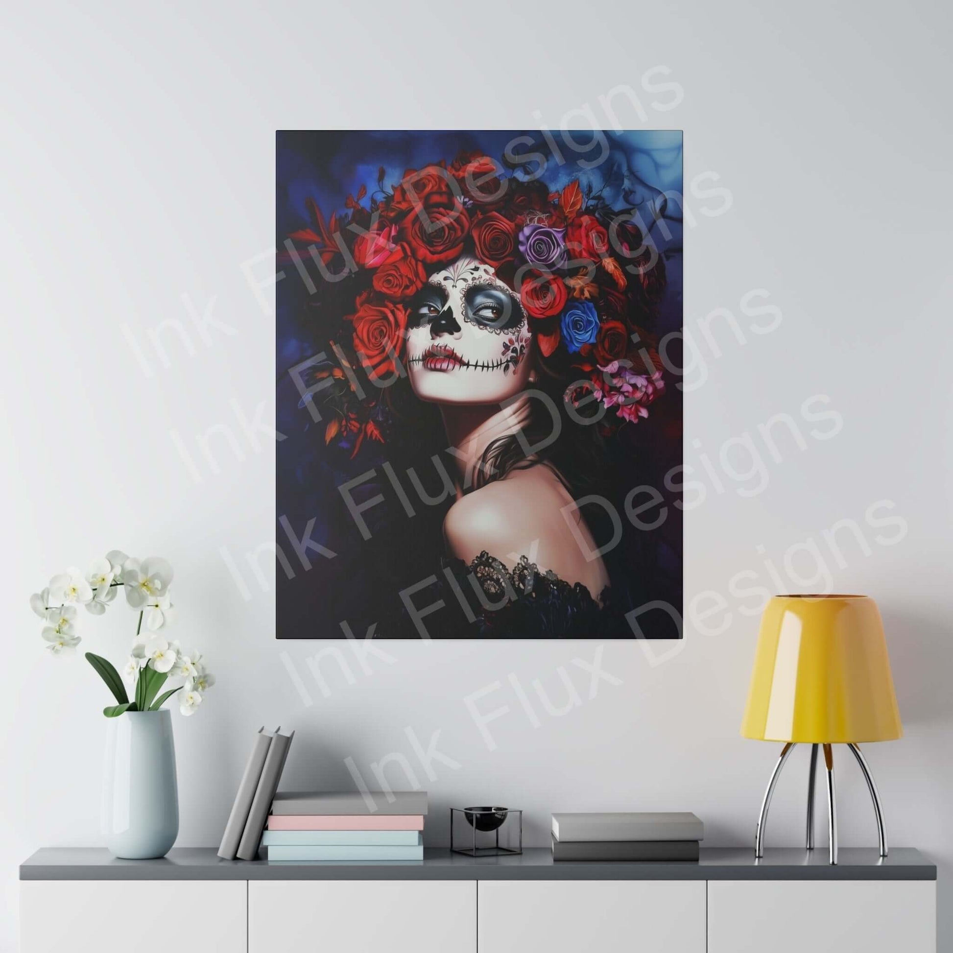 Bold designs Day of the Dead woman's portrait on eco-friendly matte canvas, displayed above a modern desk with decor.
