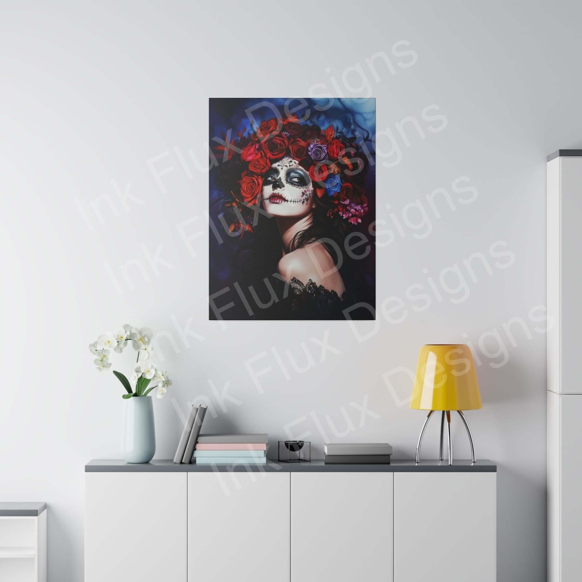 Day of the Dead woman's portrait on matte canvas in modern room, featuring bold designs and vibrant colors.