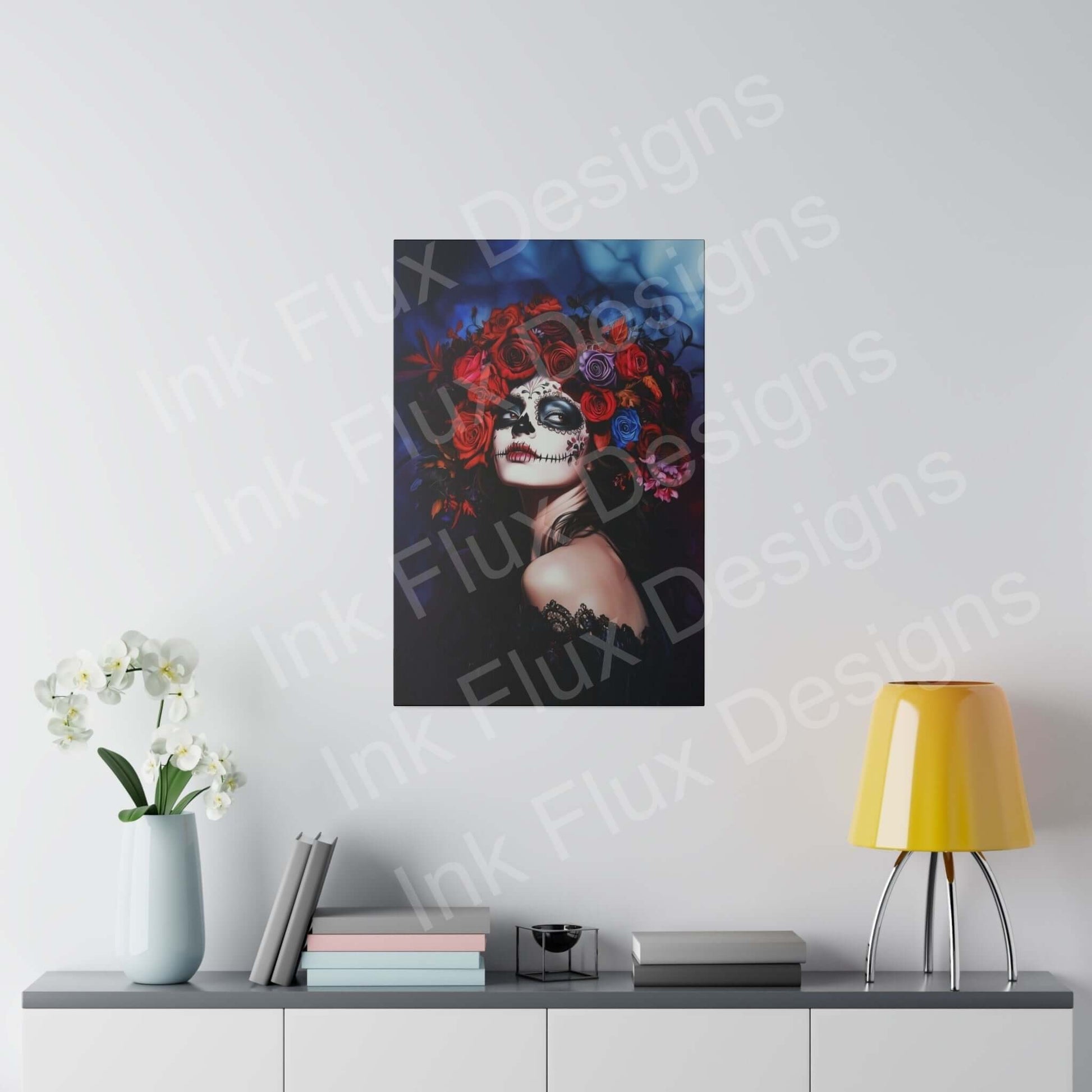 Bold-designed Day of the Dead woman's portrait on eco-friendly matte canvas, displayed above a modern desk with decor.