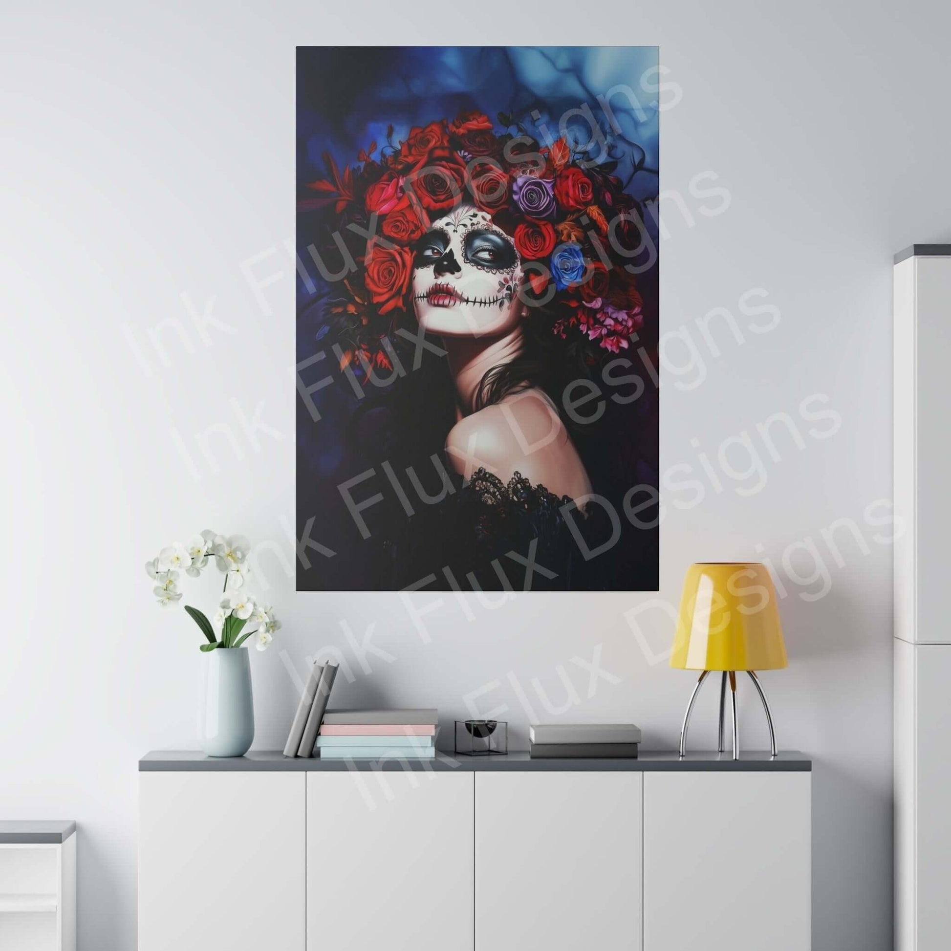 Day of the Dead woman's portrait on matte canvas, featuring bold designs with vibrant flowers, displayed in a modern room.