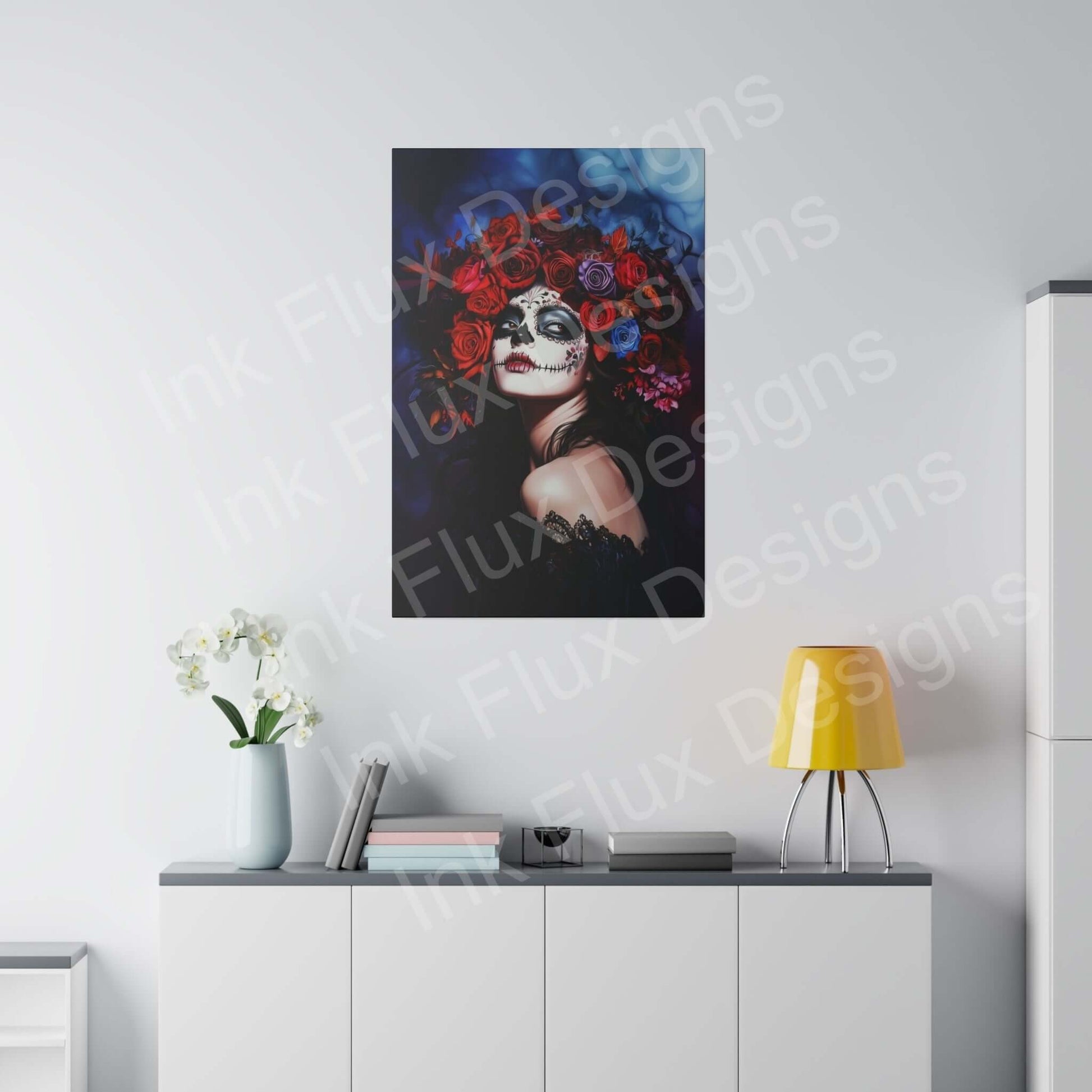 Day of the Dead woman's portrait on eco-friendly matte canvas, stretched over radiata pine frame, displayed in a modern room with bold designs.