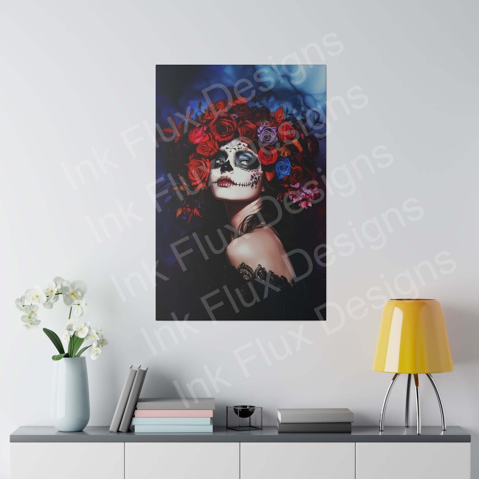 Day of the Dead woman's portrait on matte canvas, vividly adorned with floral patterns, displayed above a modern desk with decor.