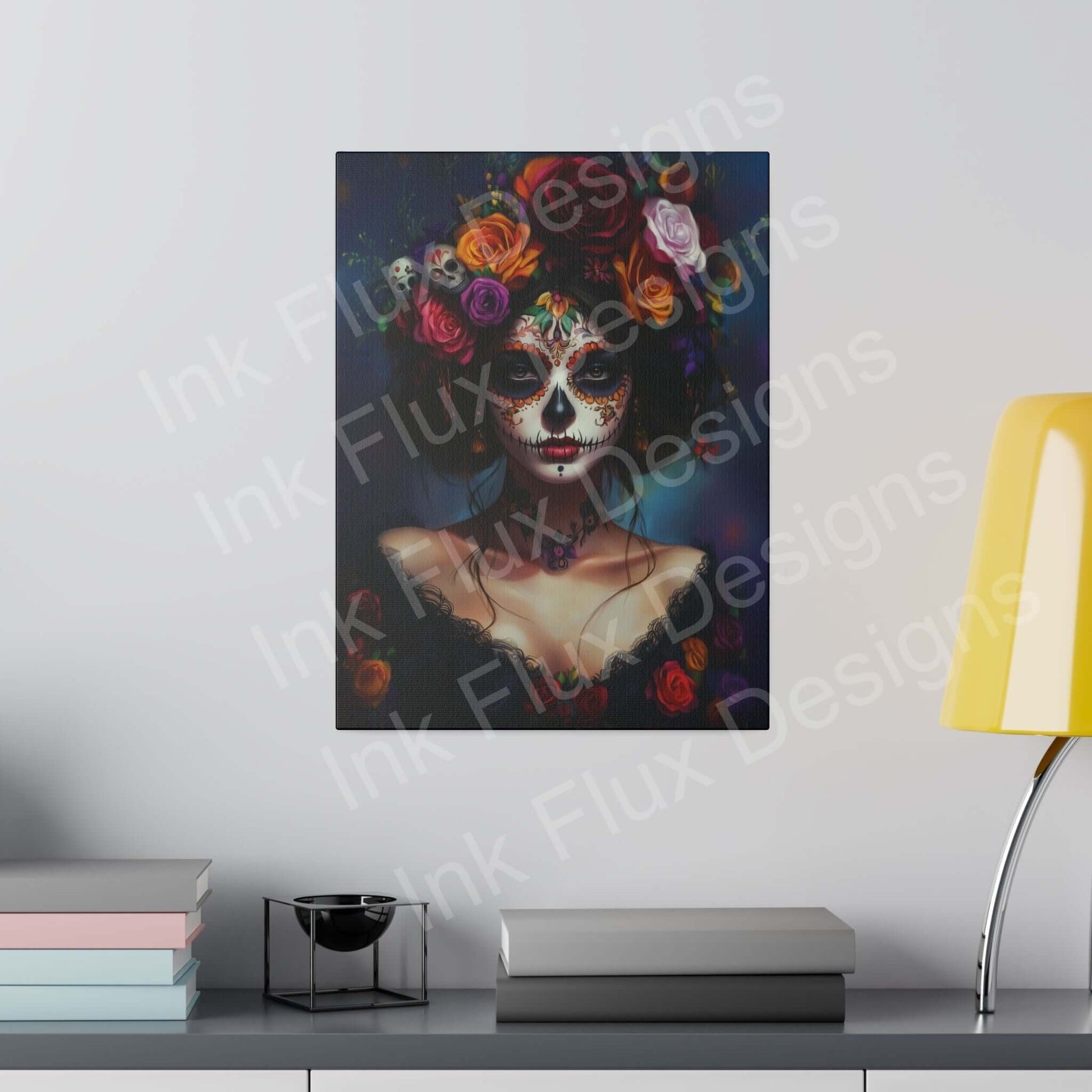 Bold Day of the Dead woman's portrait on eco-friendly canvas, vibrant colors, in modern living room setting