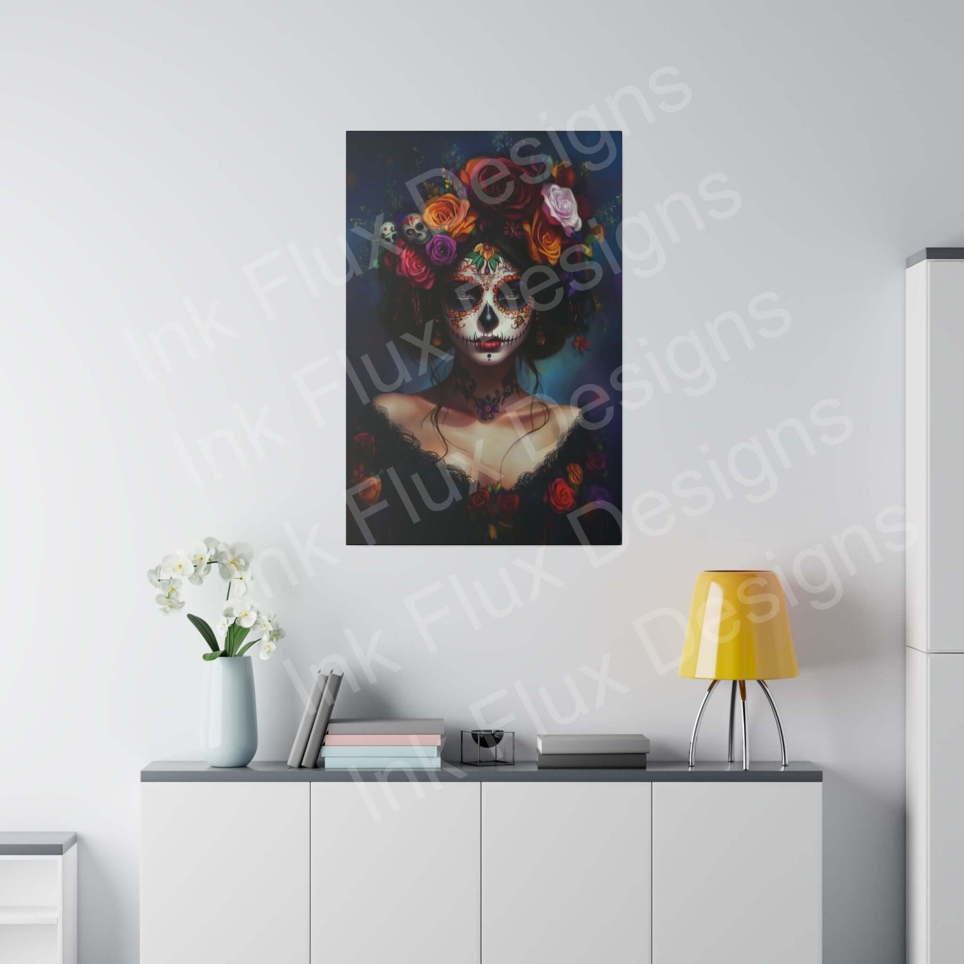Bold Day of the Dead woman's portrait canvas in modern living room, vibrant colors, eco-friendly materials
