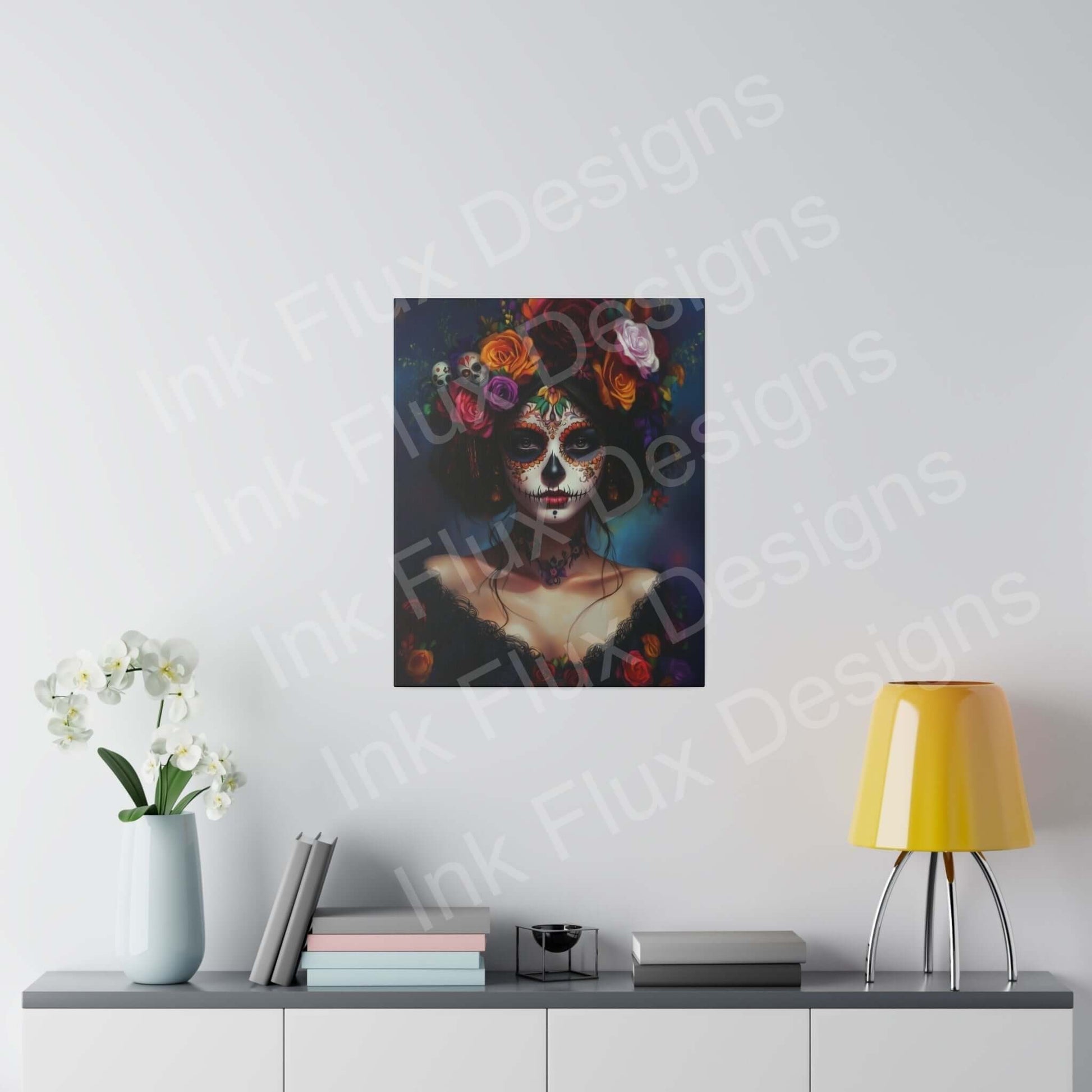 Bold Day of the Dead woman's portrait on eco-friendly matte canvas, displayed above a modern desk with decor.