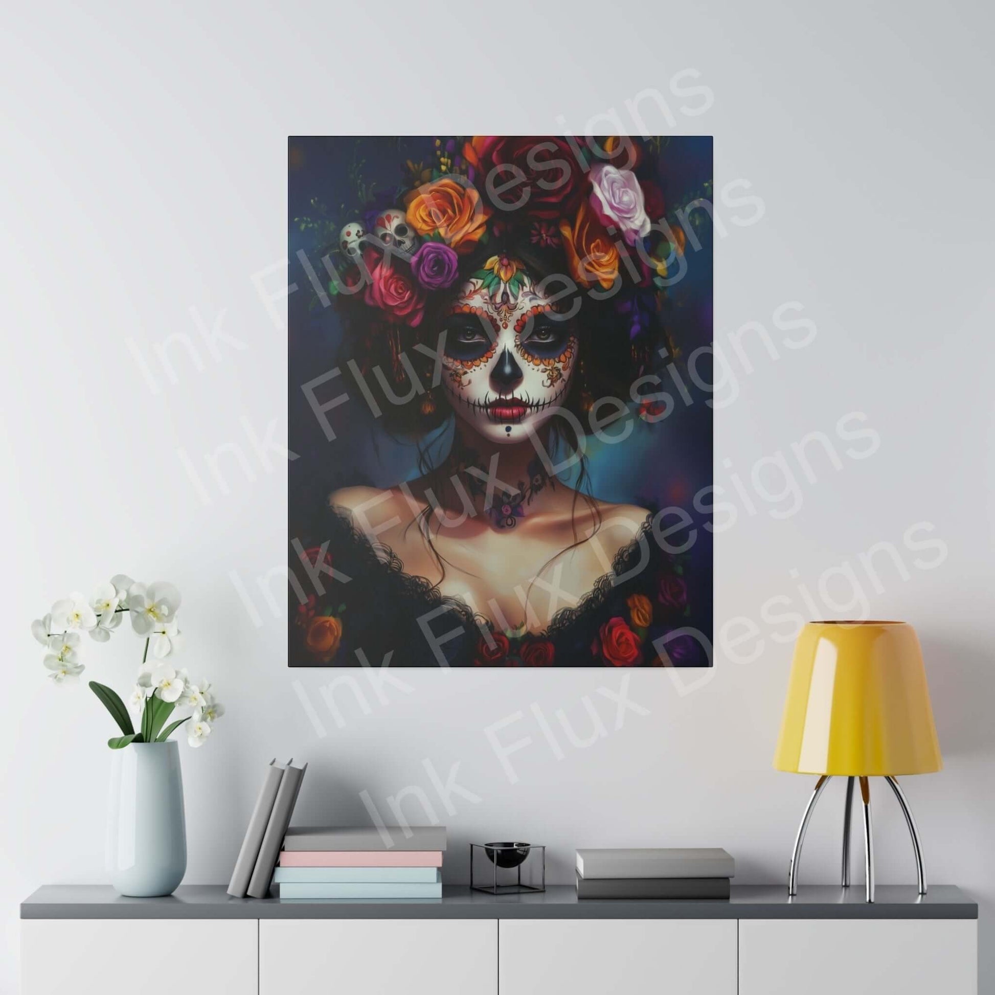 Colorful Day of the Dead woman's portrait canvas on wall, surrounded by modern decor with vase and lamp.
