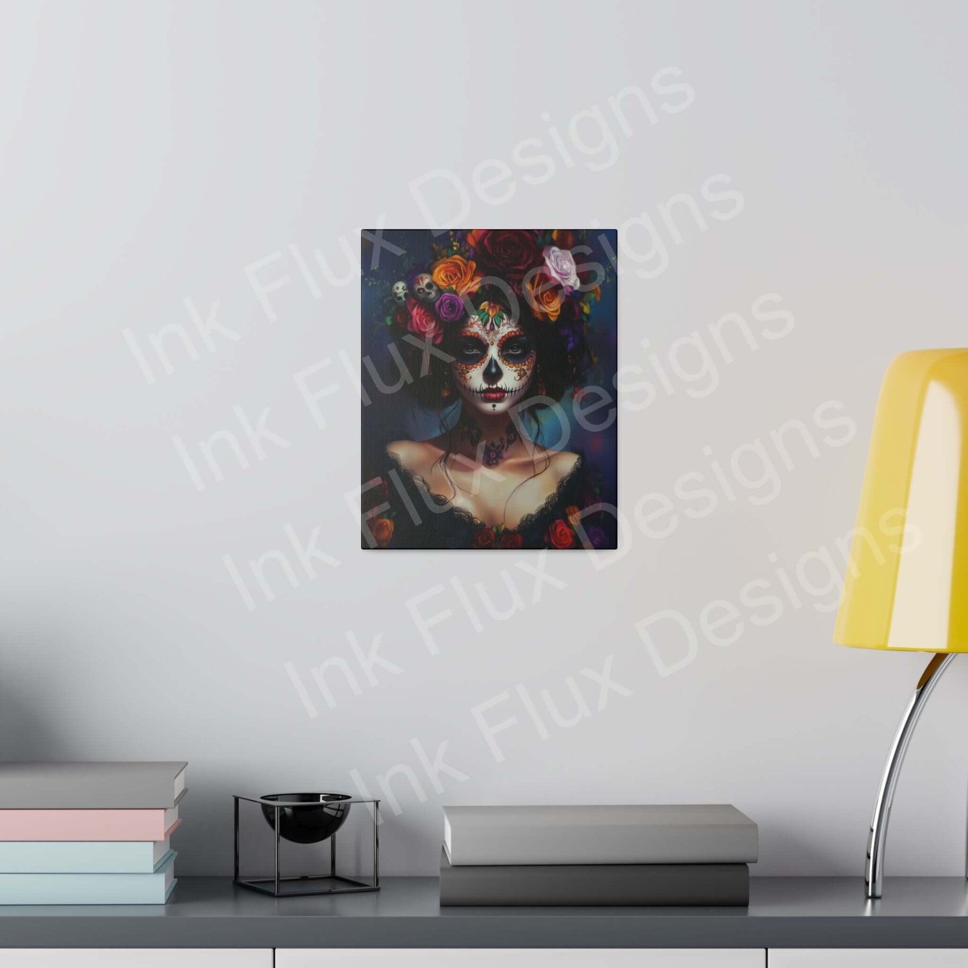 Boldly designed Day of the Dead woman's portrait on eco-friendly matte canvas, displayed in modern room setting.
