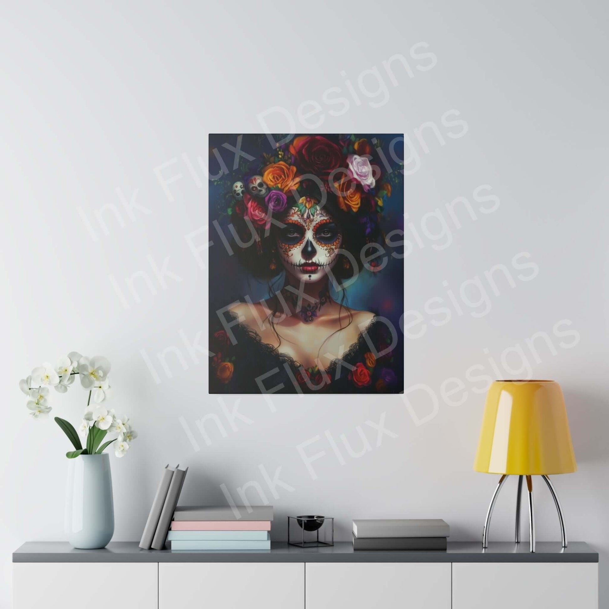 Stretched matte canvas featuring a Day of the Dead woman's portrait with bold designs, displayed above a modern desk with decorative items.