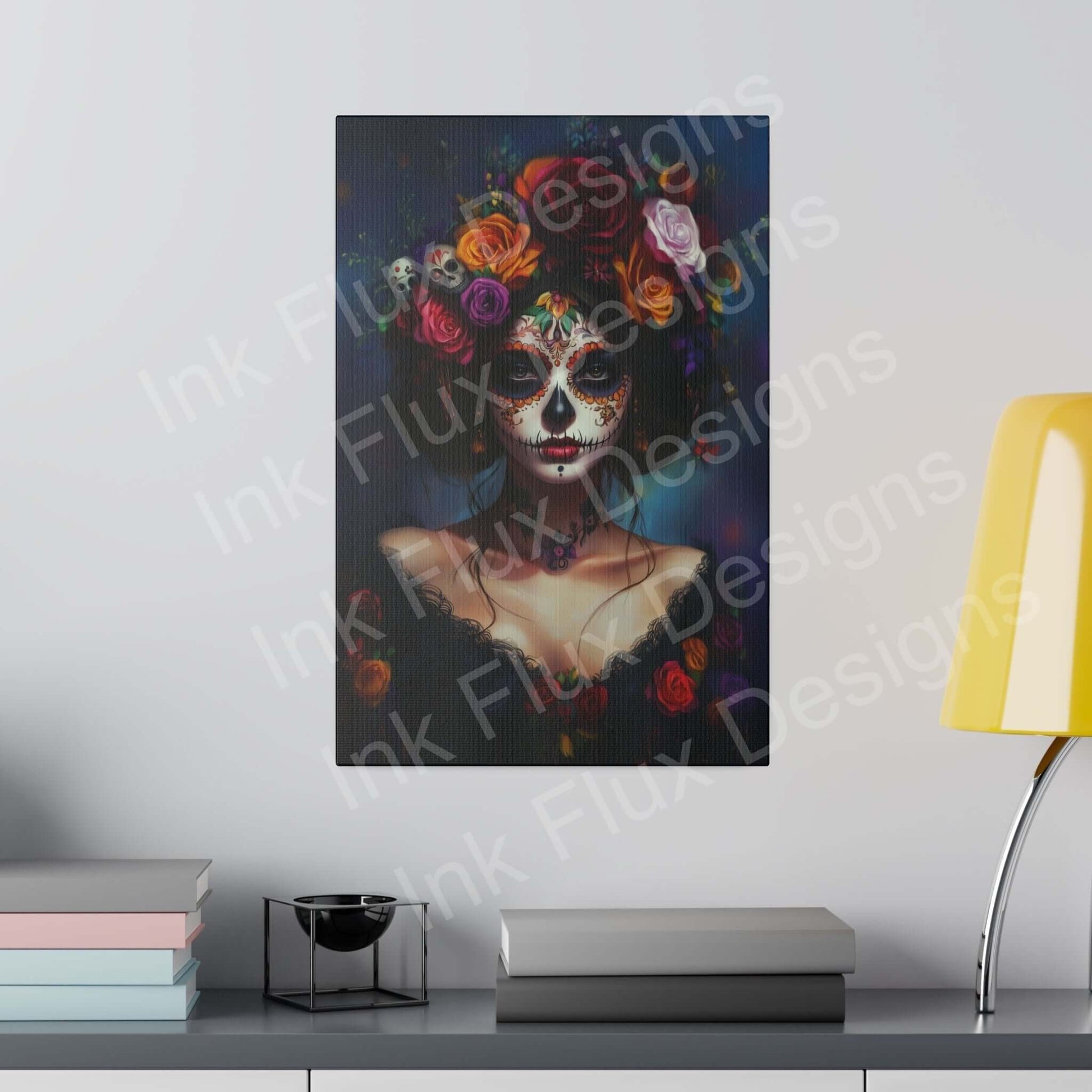 Bold designs Day of the Dead Woman's portrait canvas in a modern room, vibrant and eco-friendly, stretched on radiata pine frame.