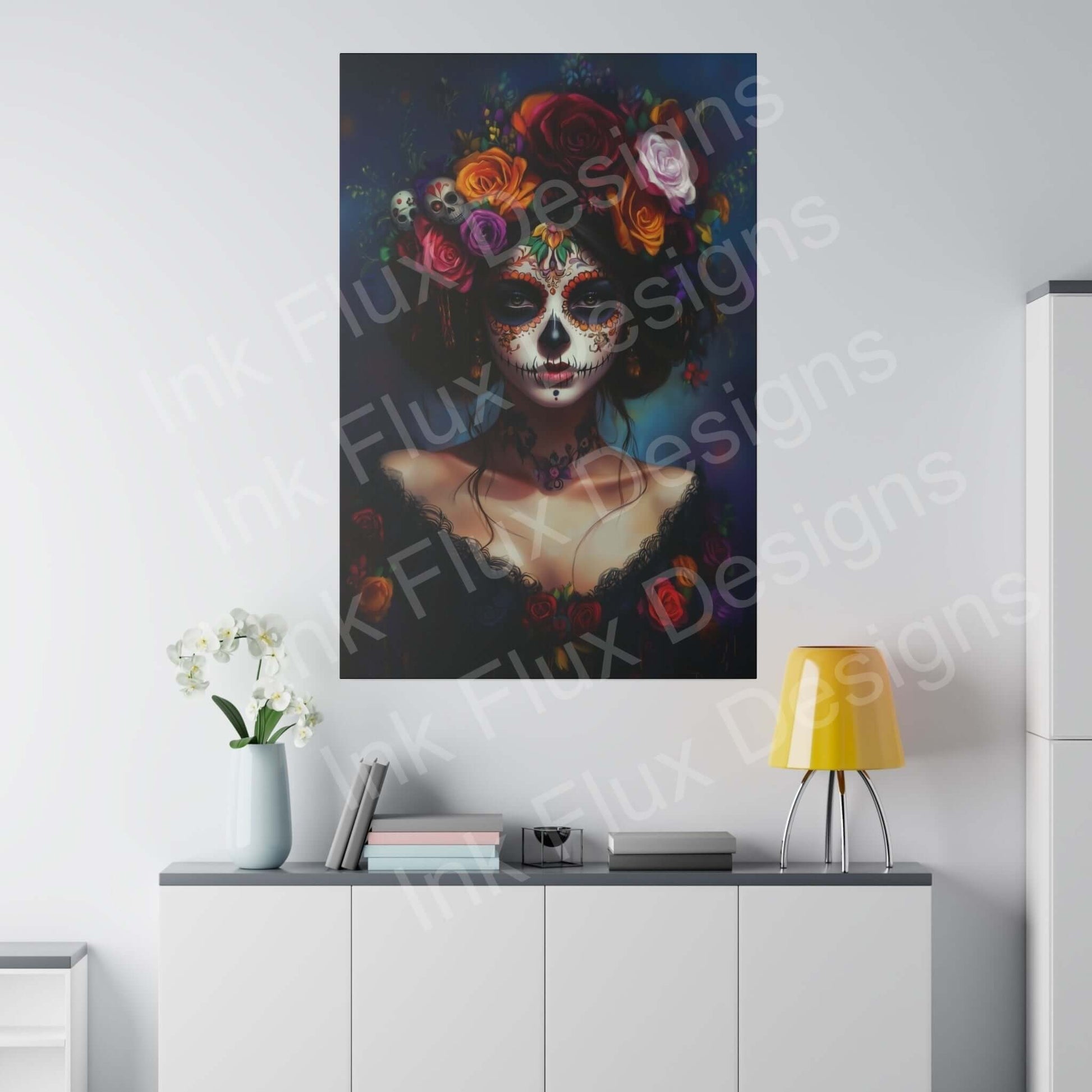 Day of the Dead Woman's Portrait II Matte Canvas featuring bold designs, vibrant colors, displayed on a modern white wall above a sleek cabinet.
