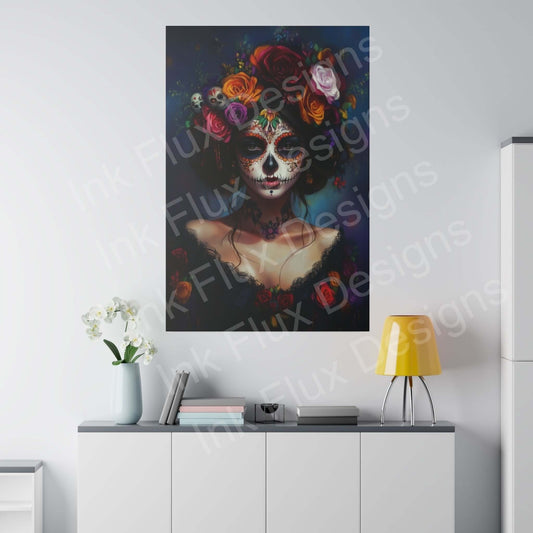 Day of the Dead Woman's Portrait II Matte Canvas featuring bold designs, vibrant colors, displayed on a modern white wall above a sleek cabinet.