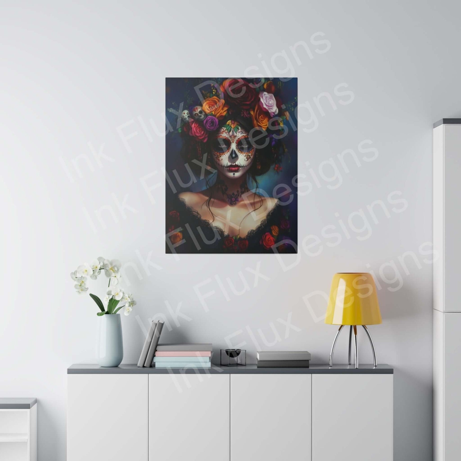 Day of the Dead Woman's portrait on eco-friendly matte canvas, featuring vibrant, bold designs, displayed in a modern room setting.