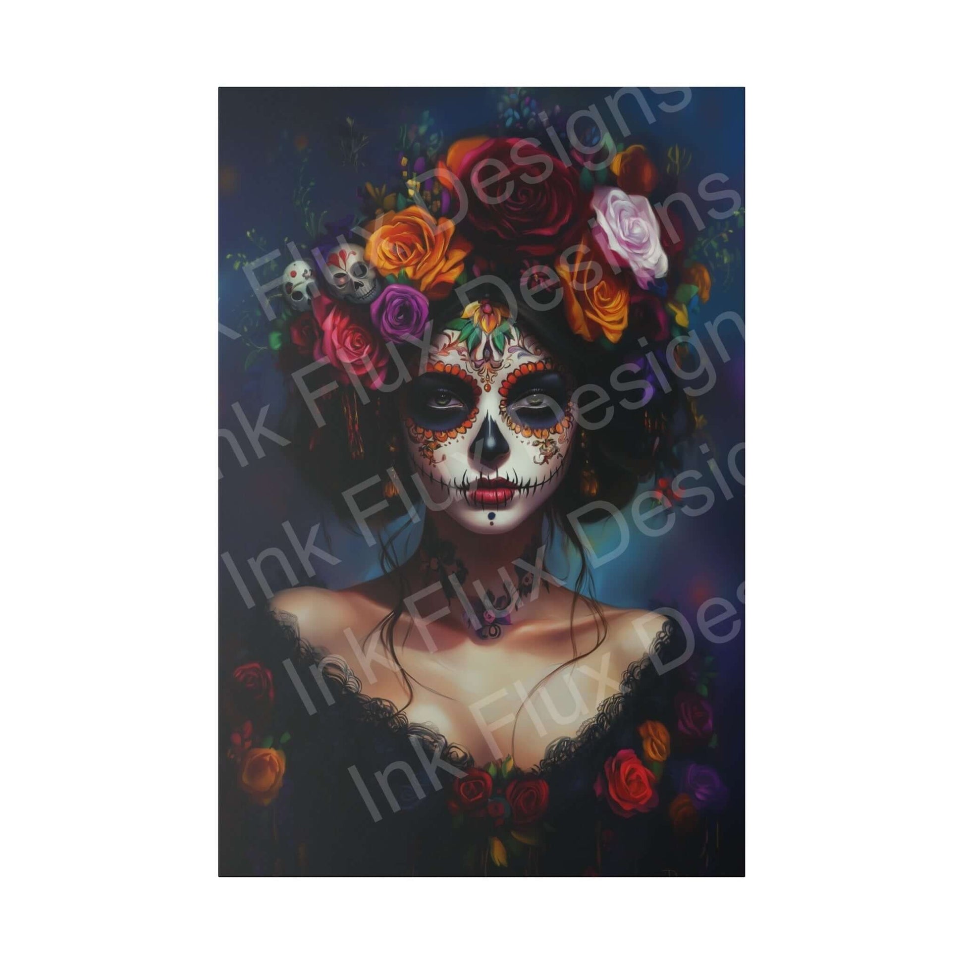Canvas print of a Day of the Dead woman's portrait with bold designs, featuring vibrant floral crown and intricately painted face.