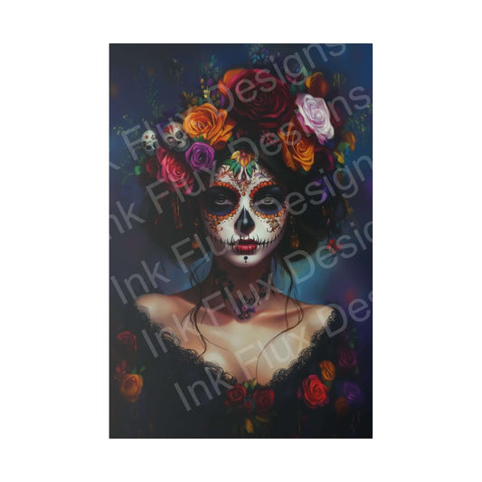 Canvas print of a Day of the Dead woman's portrait with bold designs, featuring vibrant floral crown and intricately painted face.