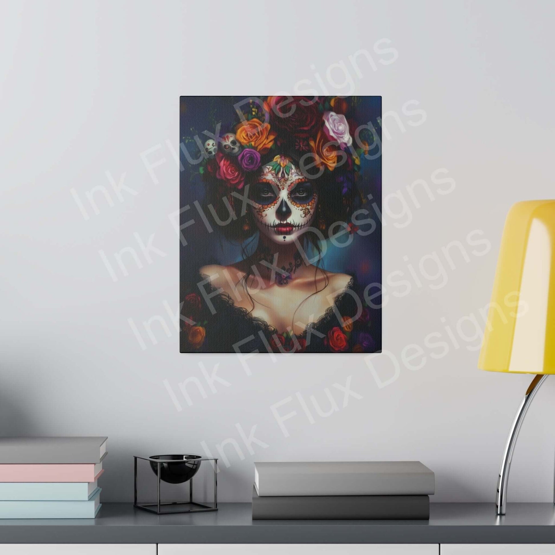 Bold designs Day of the Dead woman's portrait on eco-friendly stretched canvas, vibrant with lasting colors, displayed in a modern room.