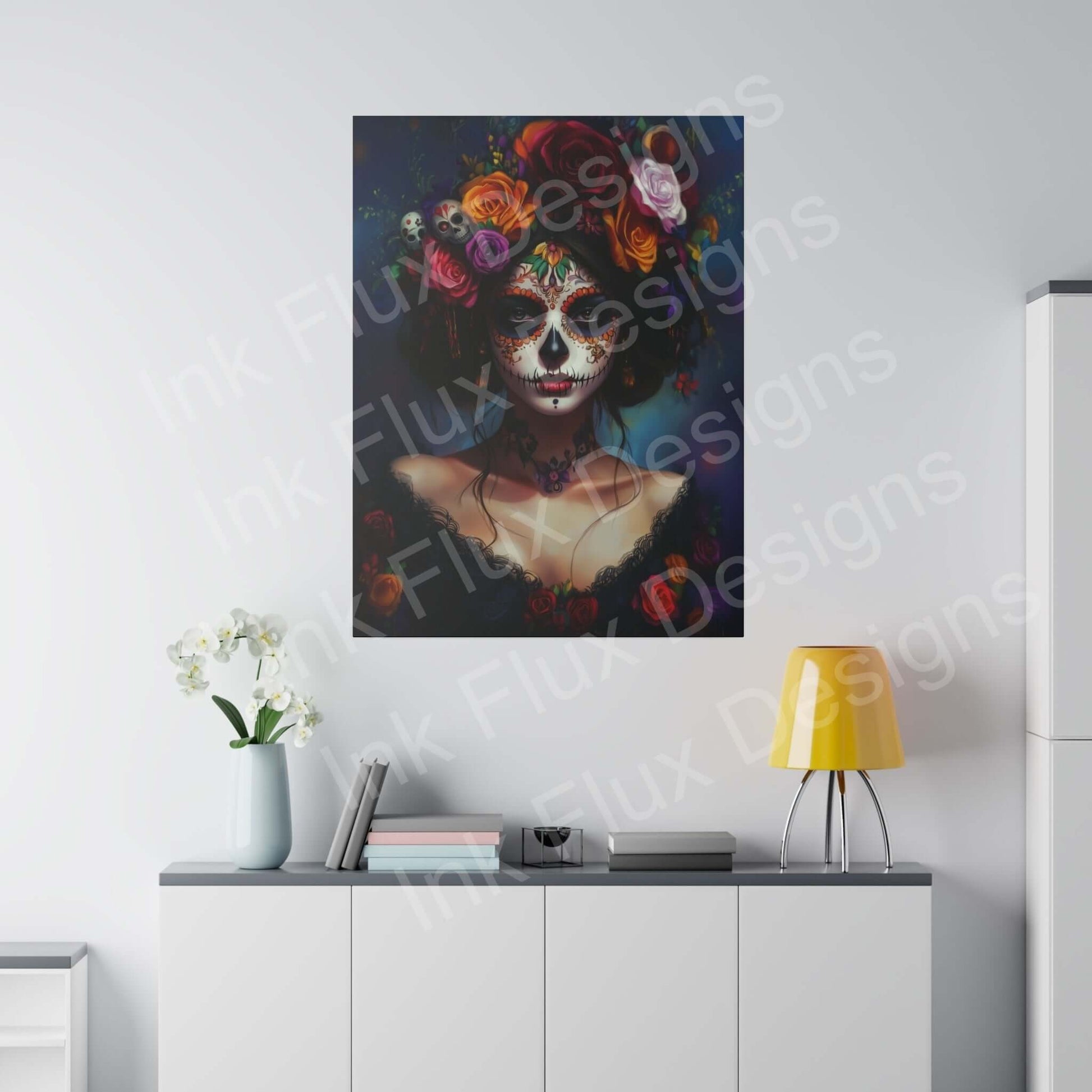 Bold Day of the Dead woman's portrait on matte canvas over a modern white console, enhancing room decor with vibrant colors.