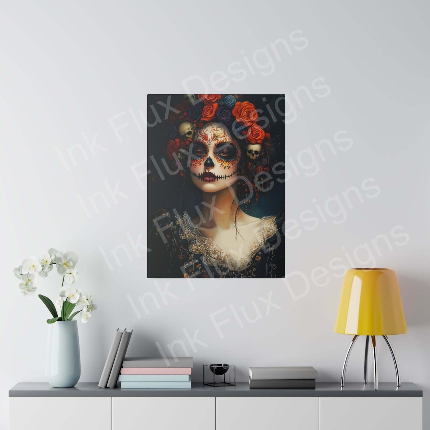 Bold Day of the Dead Woman's portrait canvas, vibrant colors, in modern room decor with white orchids and yellow lamp.
