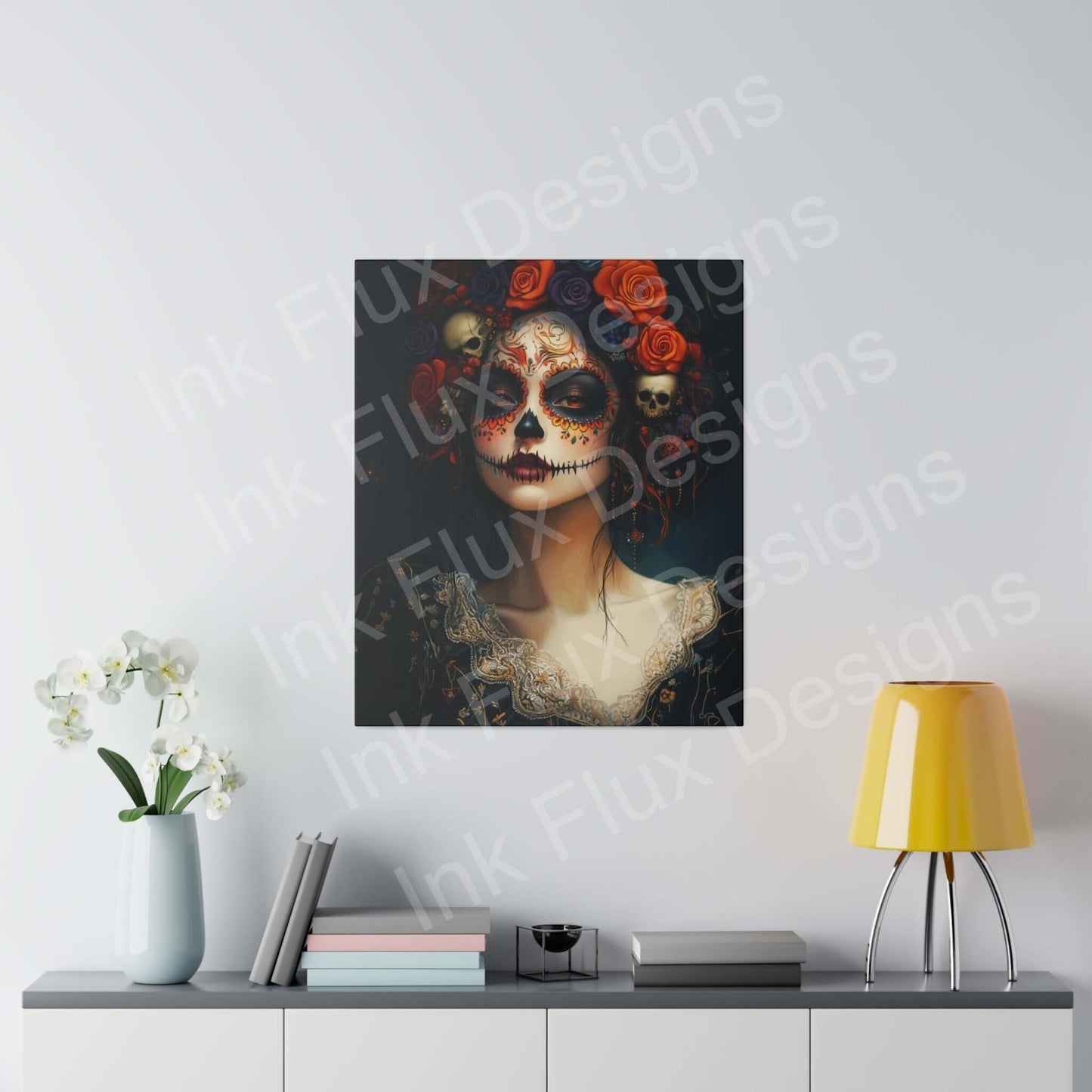 Day of the Dead canvas wall art featuring a woman's portrait with skull makeup and floral accents.