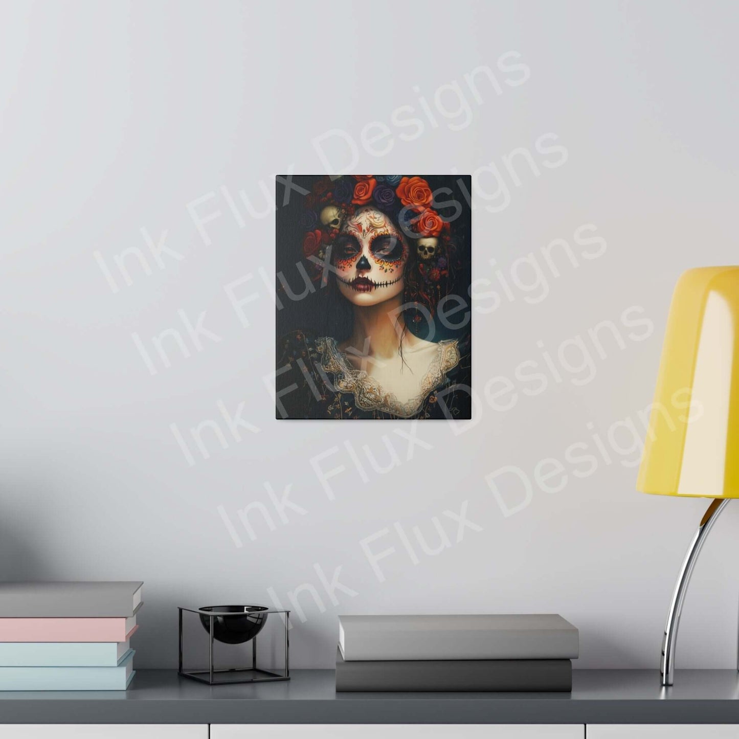 Bold designs Day of the Dead Woman's Portrait III matte canvas, stretched and hung in a modern room