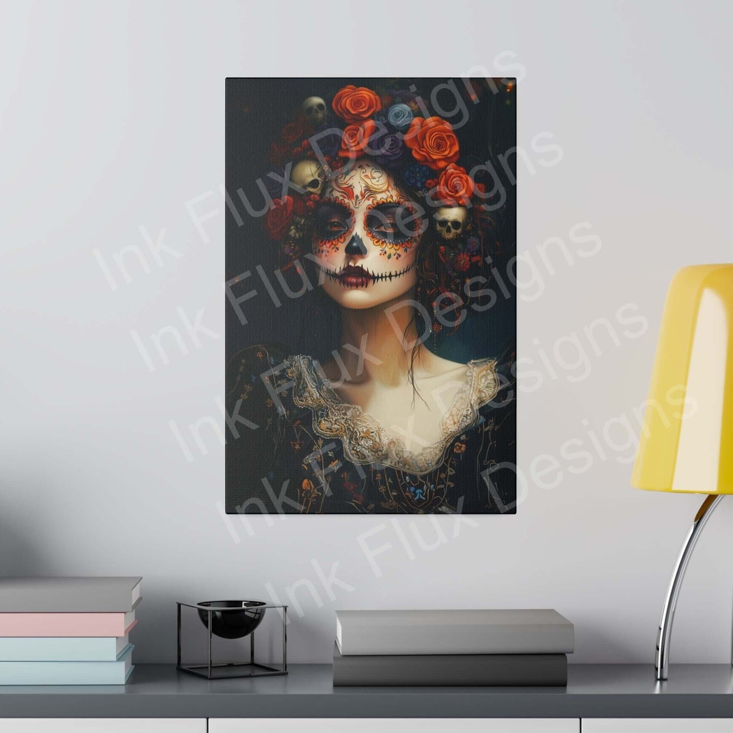 Day of the Dead Woman's portrait on matte canvas, featuring bold designs, vibrant colors, and eco-friendly materials, displayed in a modern room.
