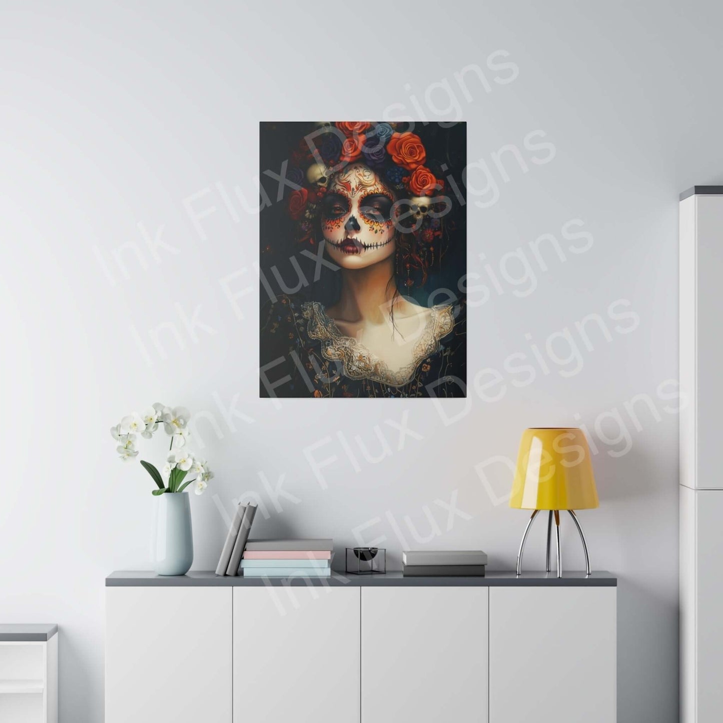Bold designs Day of the Dead woman's portrait on eco-friendly matte canvas, stretched on radiata pine frame, displayed in a modern room.