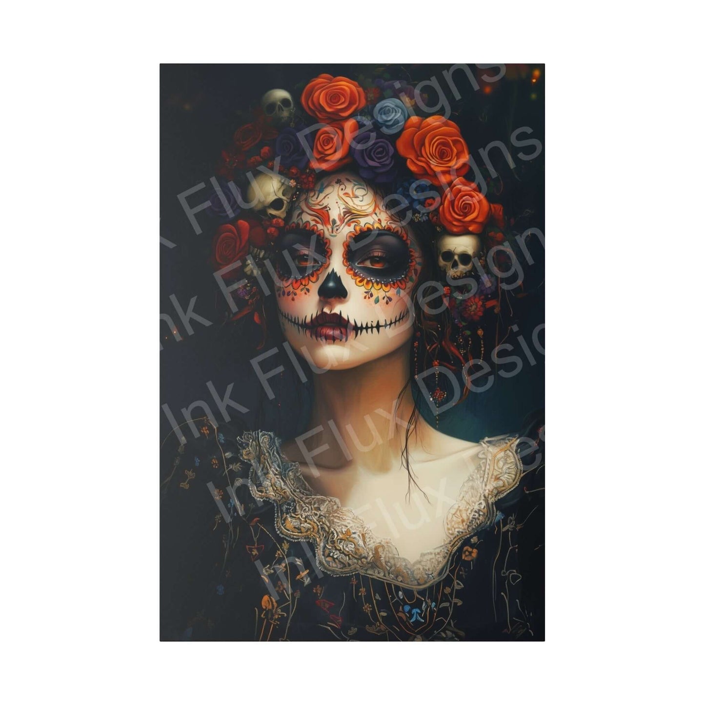 Vibrant Day of the Dead woman's portrait on eco-friendly canvas, featuring bold designs and radiant colors.