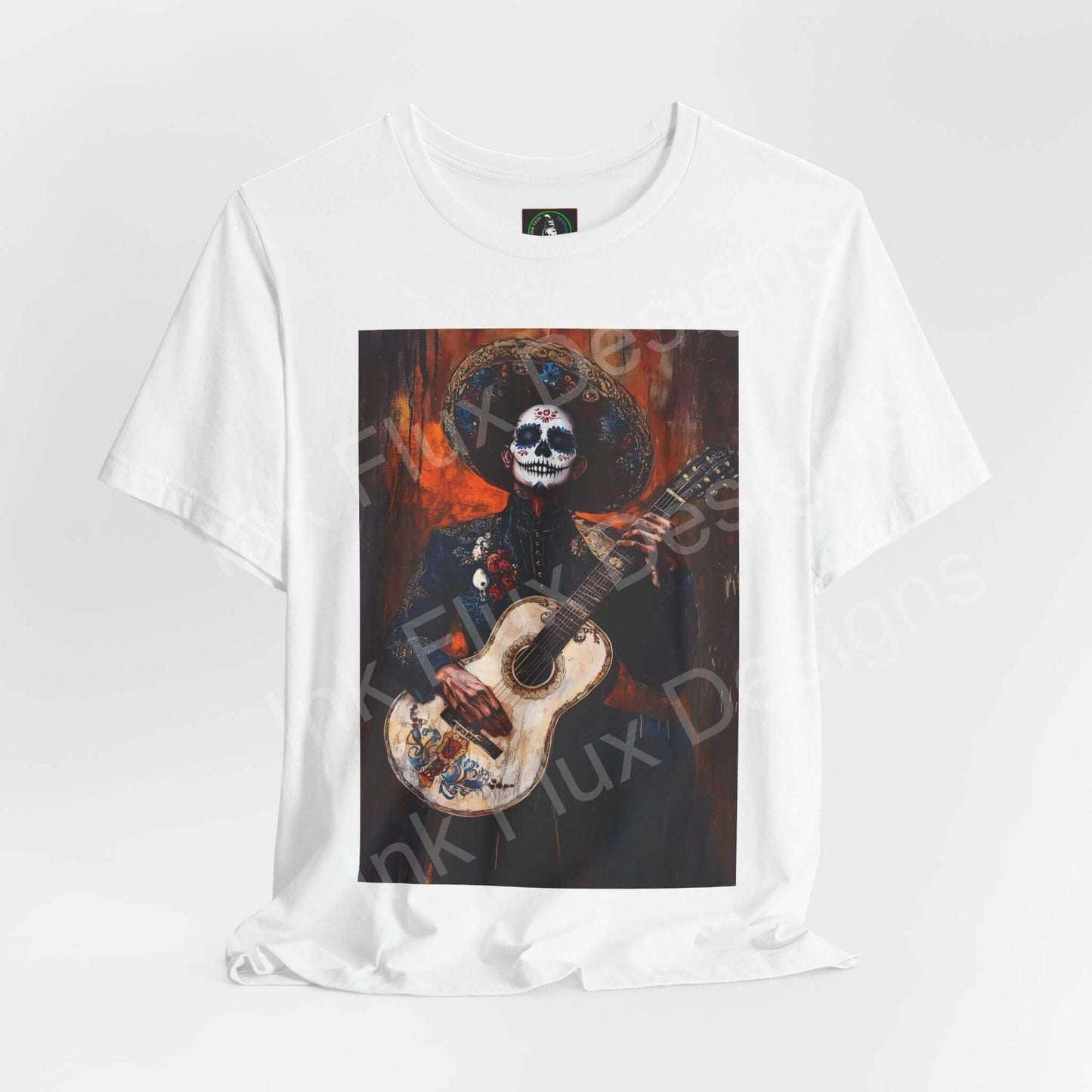 Day of the Dead themed graphic tee featuring a Charro man with a sugar skull face playing guitar, ideal for DÃa de Muertos celebrations.