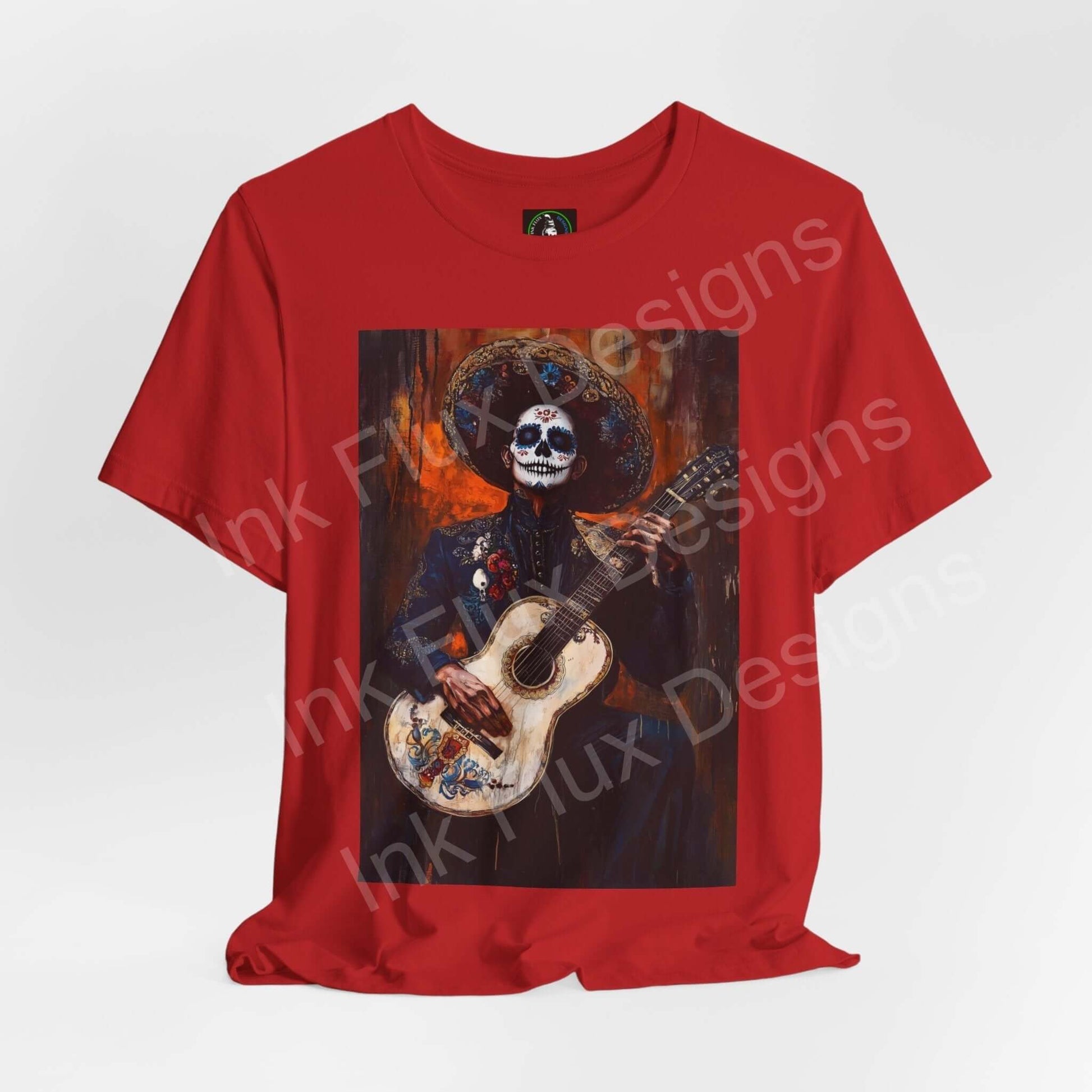 Red Day of the Dead themed T-shirt featuring a graphic of a Charro skeleton playing guitar, ideal for DÃa de Muertos celebrations.